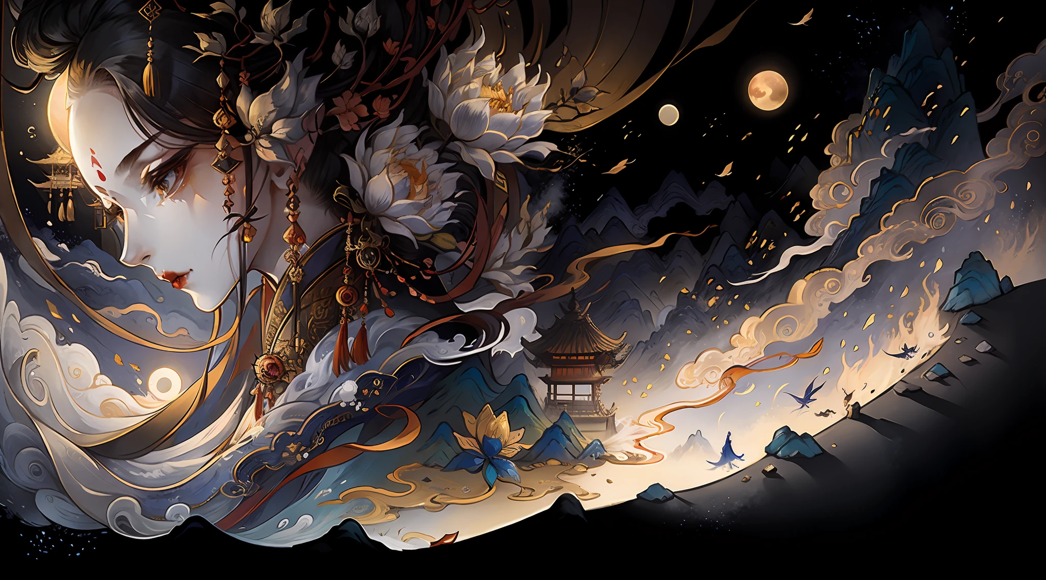 An ancient Chinese painting，Mid-Autumn Festival，themoon，Moon rabbit， ancient chinese background， mountain ranges， rios， Auspicious clouds， Pavilions， rays of sunshine， tmasterpiece， super detailing， Epic composition， hyper HD， high qulity， extremely detaile， offcial art， 统一 8k 壁纸， super detailing， gufeng，32k -- v 6