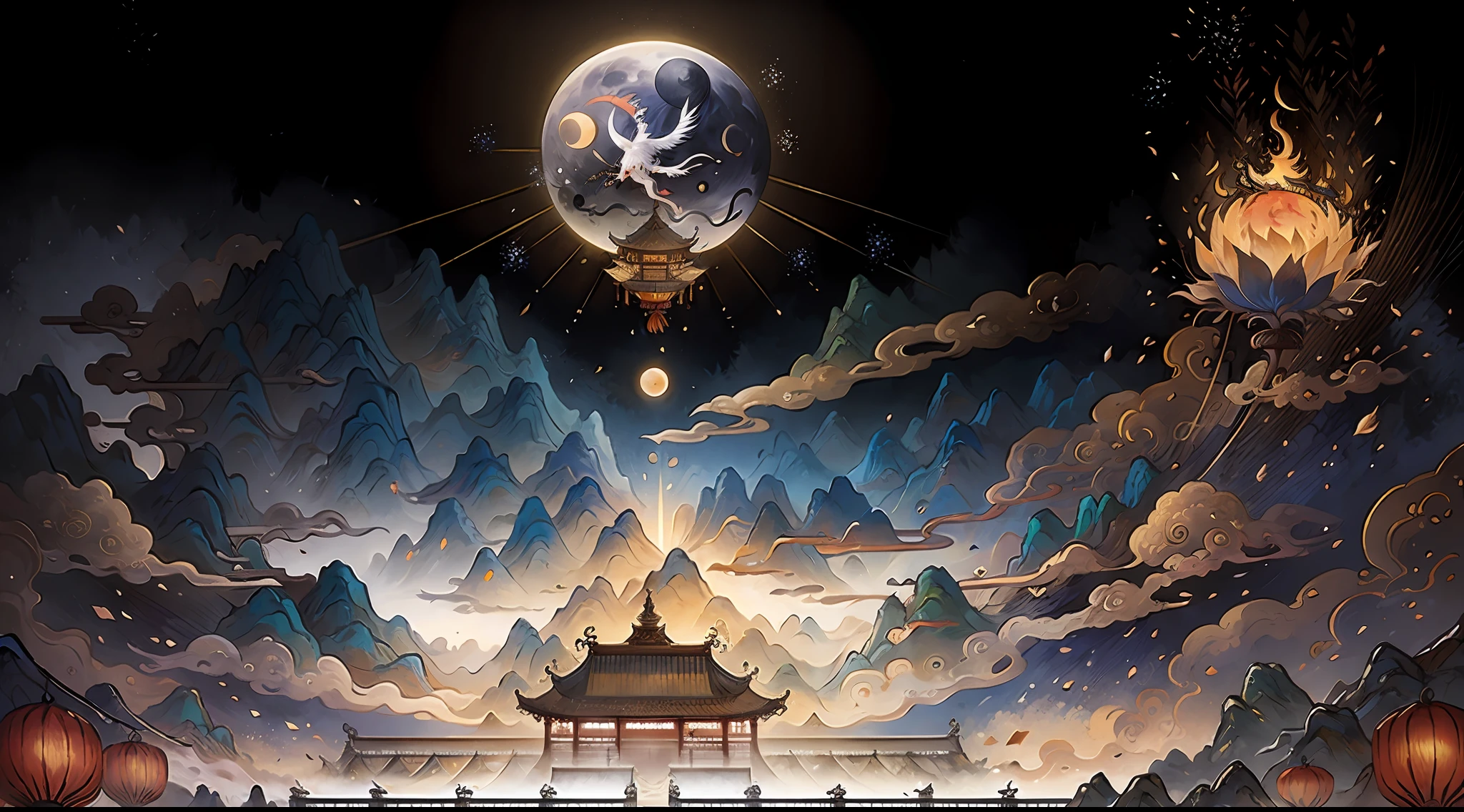 An ancient Chinese painting，Mid-Autumn Festival，themoon，Moon rabbit， ancient chinese background， mountain ranges， rios， Auspicious clouds， Pavilions， rays of sunshine， tmasterpiece， super detailing， Epic composition， hyper HD， high qulity， extremely detaile， offcial art， 统一 8k 壁纸， super detailing， gufeng，32k -- v 6