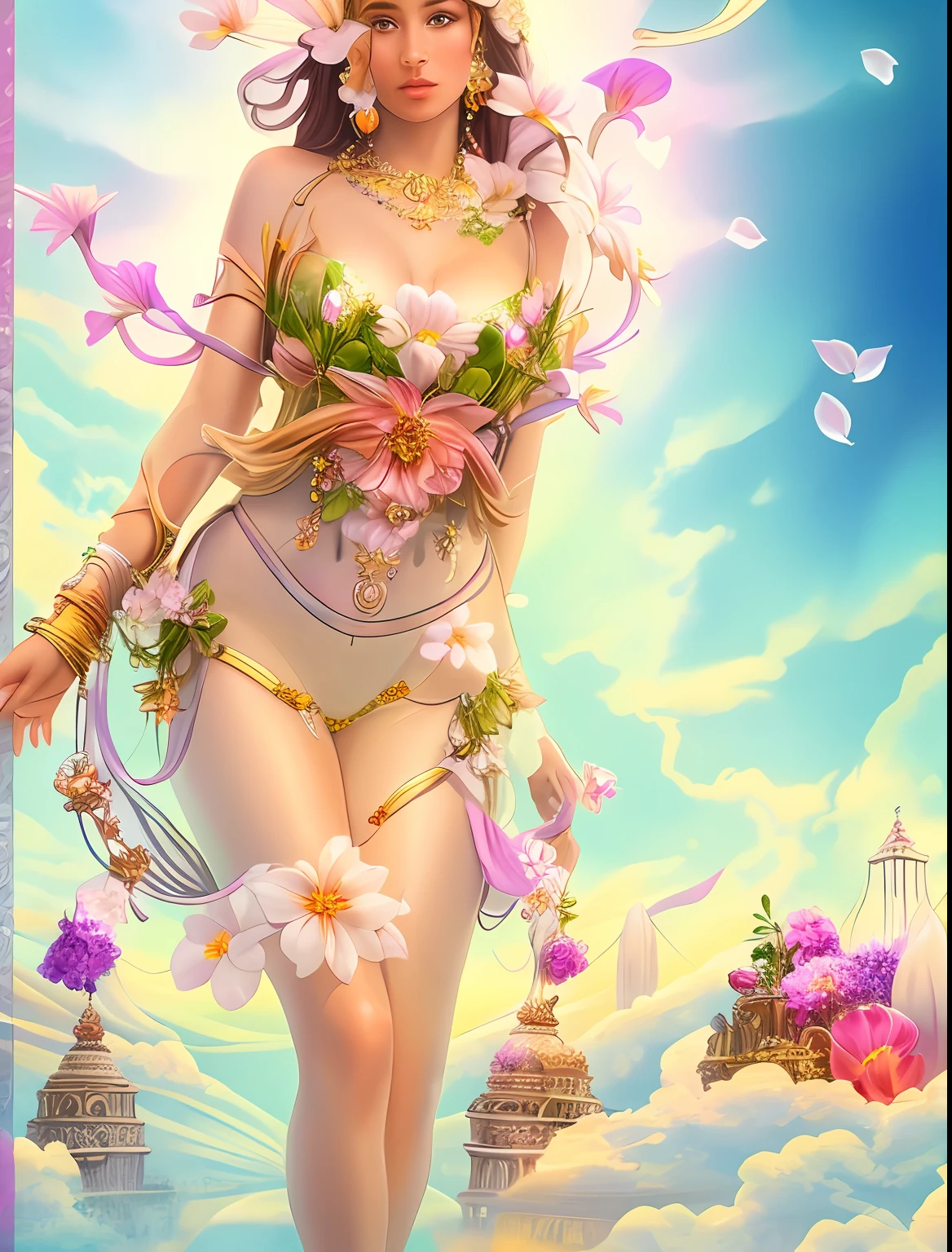 There is a fair woman, Smooth skin,There are some small flowers, No clothes,Goddess. Extremely high detail, extremely detailed goddess shot, flower goddess, hyper HD,psychedelic goddess, goddess art, Beautiful digital artwork, Beautiful goddess,