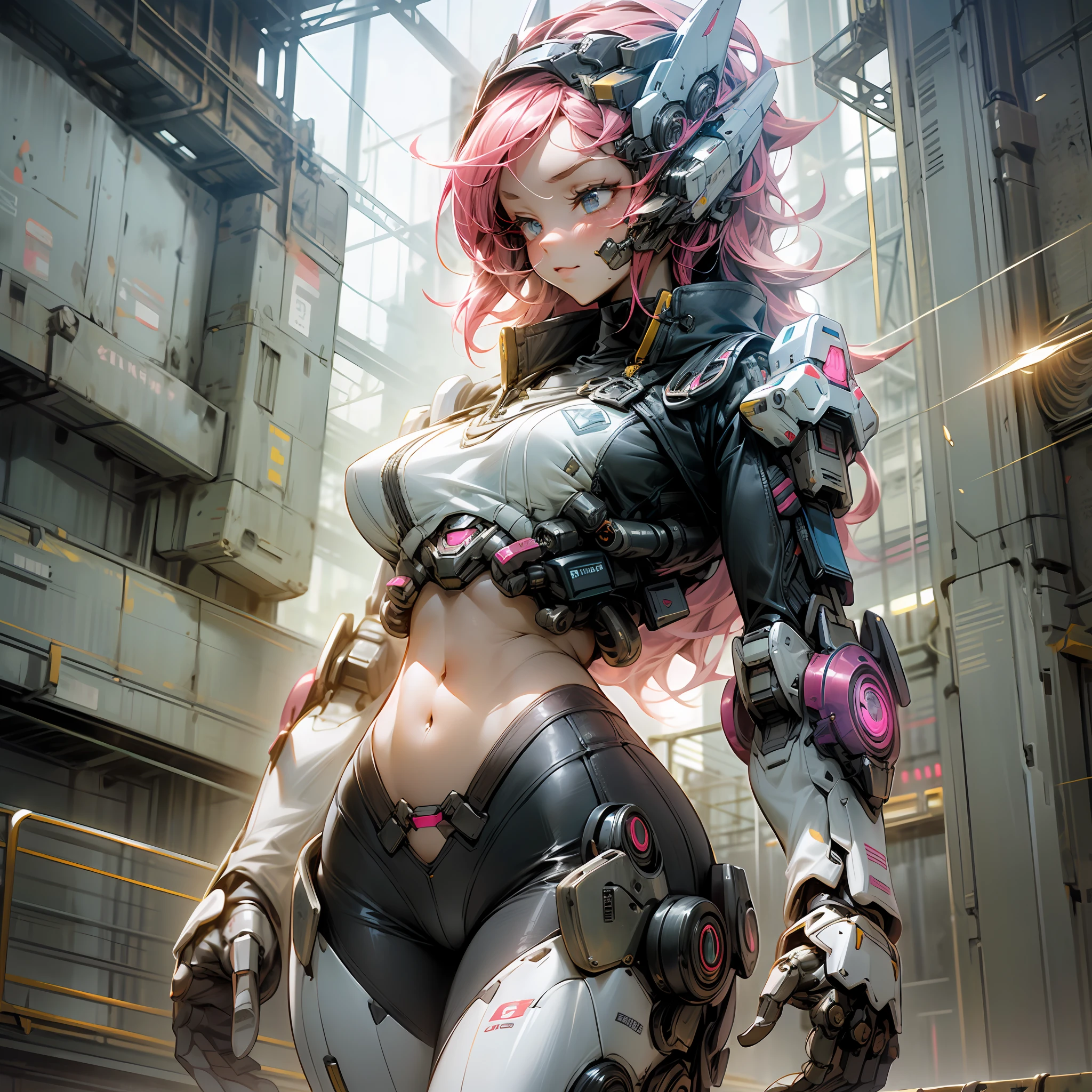 (outstanding, professional, surreal), towering buildings rise from the ground to form a magnificent landscape of the futuristic city. In the center of the picture, a huge and magnificent robot mech stands tall. Its pink metal shell shimmers, and the delicate textures and intricate lines of the robot mech outline its high-tech figure. The robot mech is tall, exuding an unparalleled sense of majesty and power. The robot mech has bright LED lights embedded in its shoulders, flashing in various bright colors, like the bright stars of the future city. Its arms are equipped with powerful energy weapons and are ready to meet the challenges of battle. Standing next to the robot, we see a striking teenage girl. She wears a black leather jacket and close-fitting black stockings, highlighting her perfect figure. The texture of the black leather jacket contrasts with the metallic texture of the robot, showing a unique visual effect. The girl's firm and resolute eyes show that she is fearless, (the girl is in good shape, wearing leather clothes, showing her navel, medium breasts, and clear facial details)