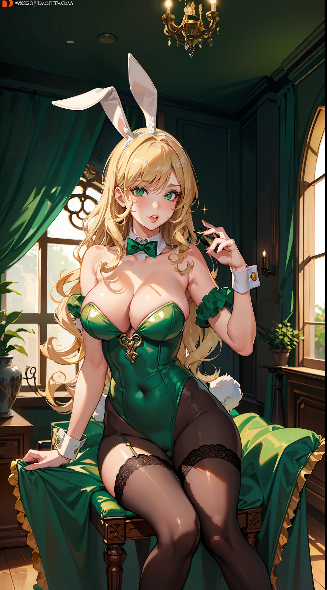 ultra-detailed, (bestquality), impeccable, green eyes, blonde hair, curly hair, busty, playful, seductive, (low cut outfit), (bunny ears), (thigh-high stockings), (heels), (winking), (lush lips), (sparkling eyes), (hourglass figure), (posing), (sitting on a chair)