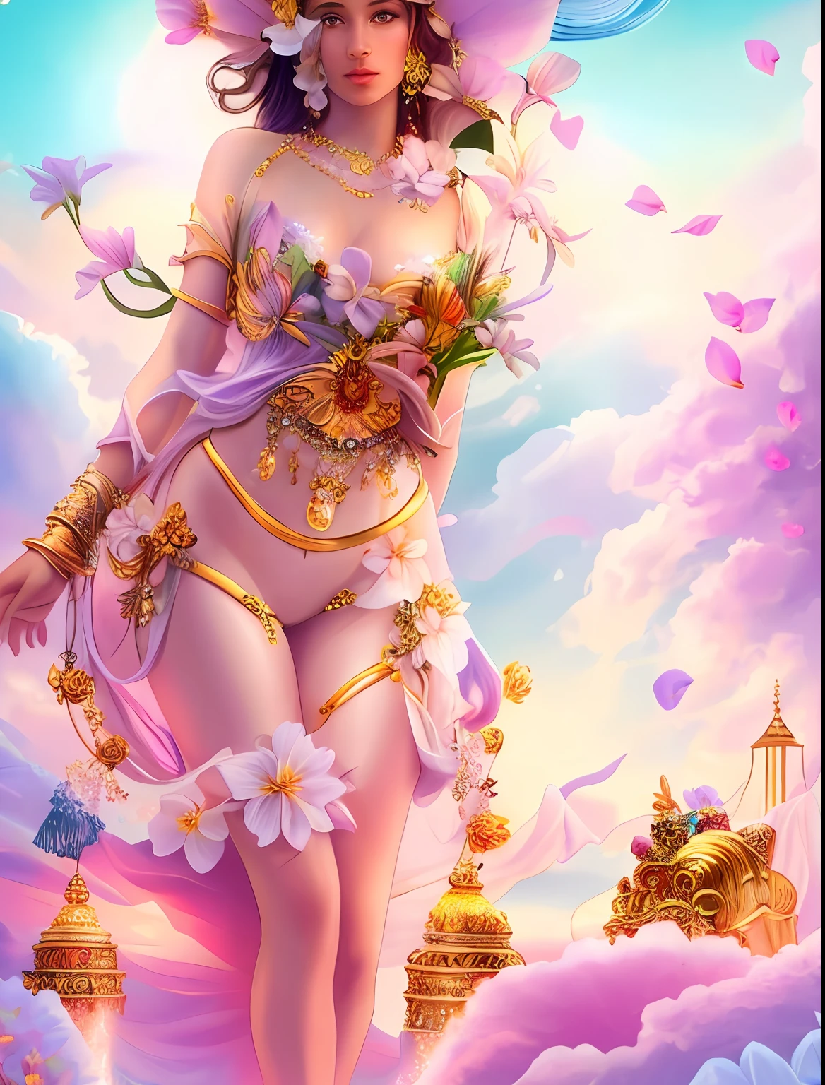 There is a fair woman, Smooth skin，There are some small flowers, No clothes，Goddess. Extremely high detail, extremely detailed goddess shot, flower goddess, hyper HD，psychedelic goddess, goddess art, Beautiful digital artwork, Beautiful goddess，