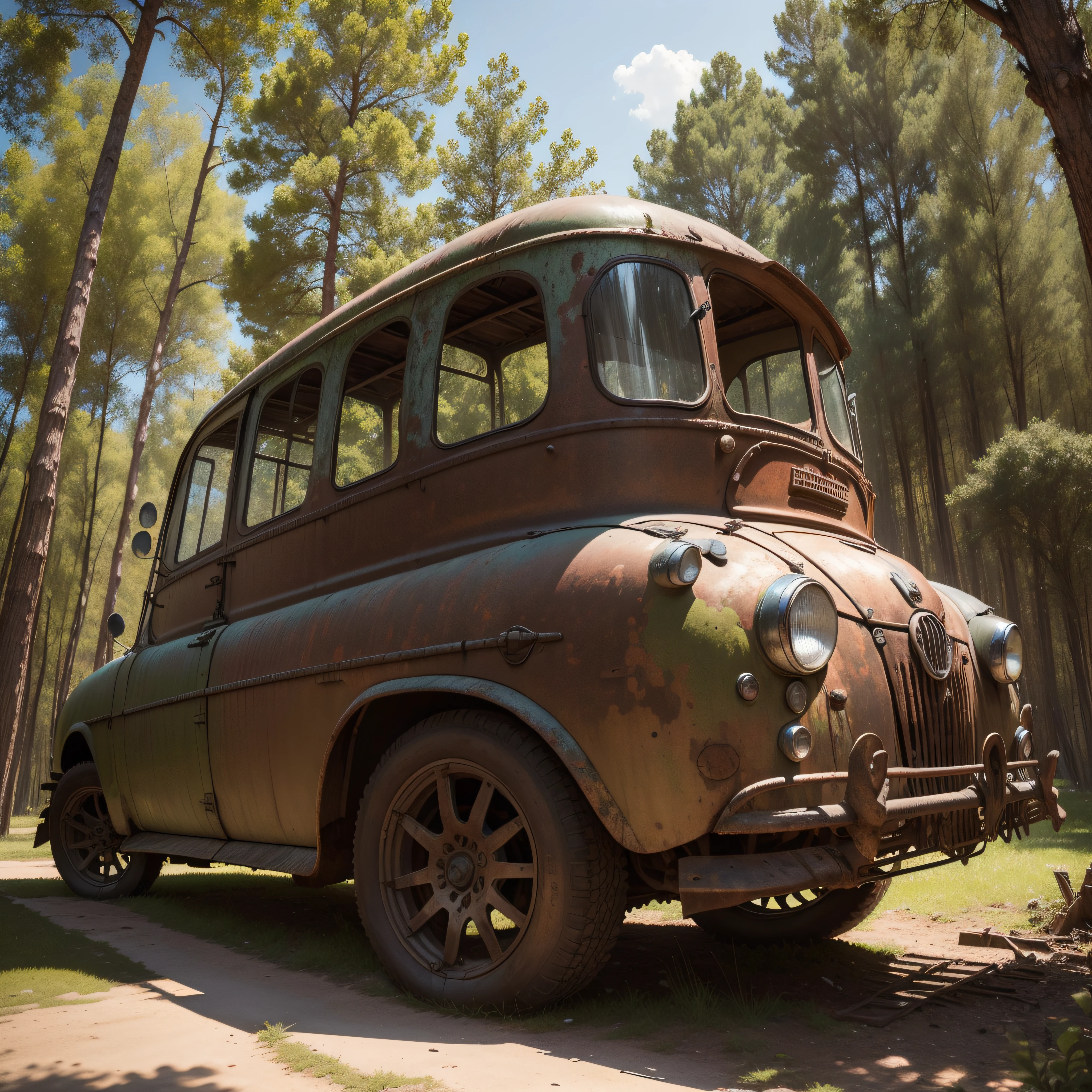 (extremadamente detallado, obra maestra, La mejor calidad), paisaje de bosque. escultura enterrada en el suelo, old and broken car, rusted, abollado, cubierto de plantas, oxidado, sucio. oggre hidden among trees. Daytime Lighting.