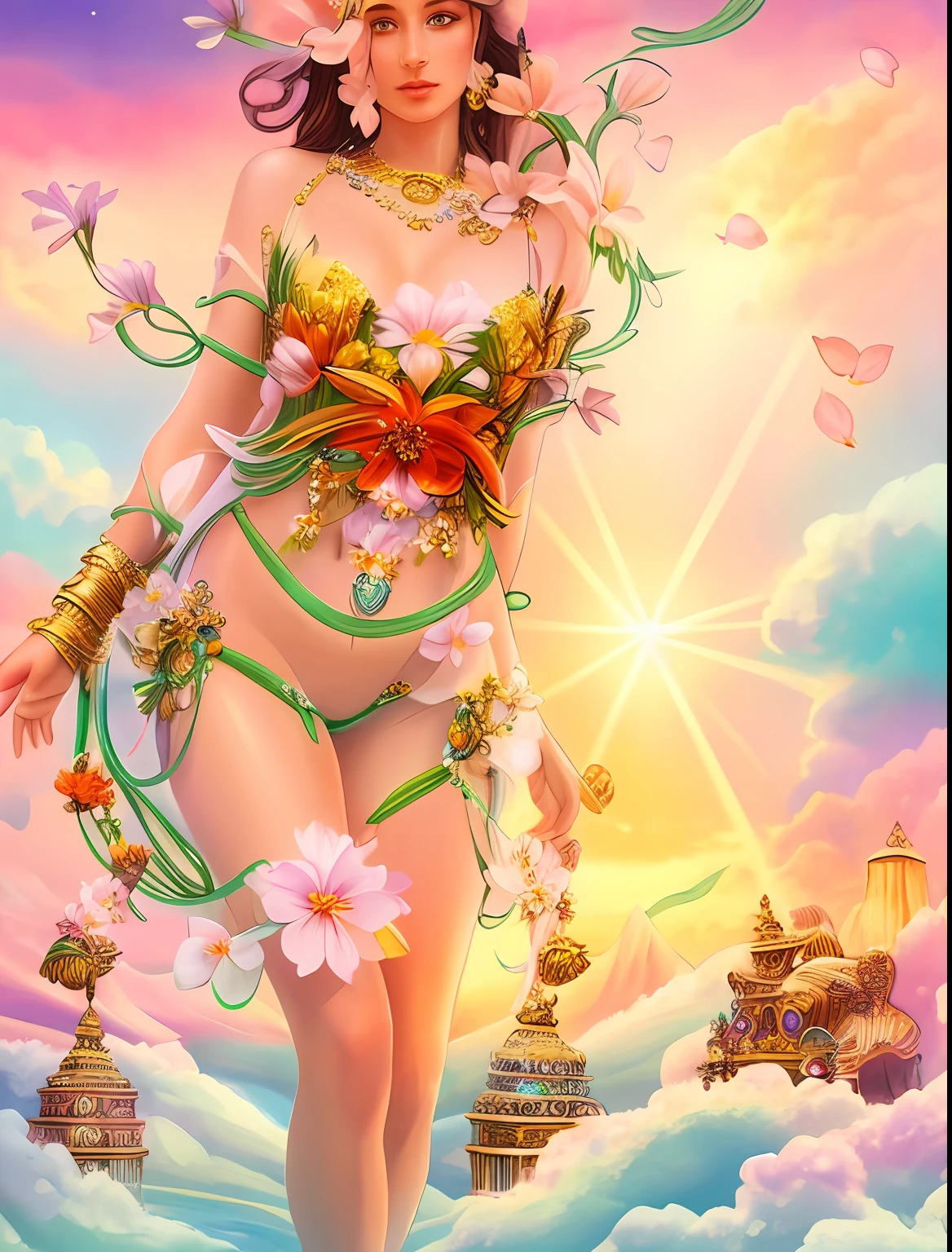 There is a fair woman, Smooth skin，There are some small flowers, No clothes，Goddess. Extremely high detail, extremely detailed goddess shot, flower goddess, hyper HD，psychedelic goddess, goddess art, Beautiful digital artwork, Beautiful goddess，
