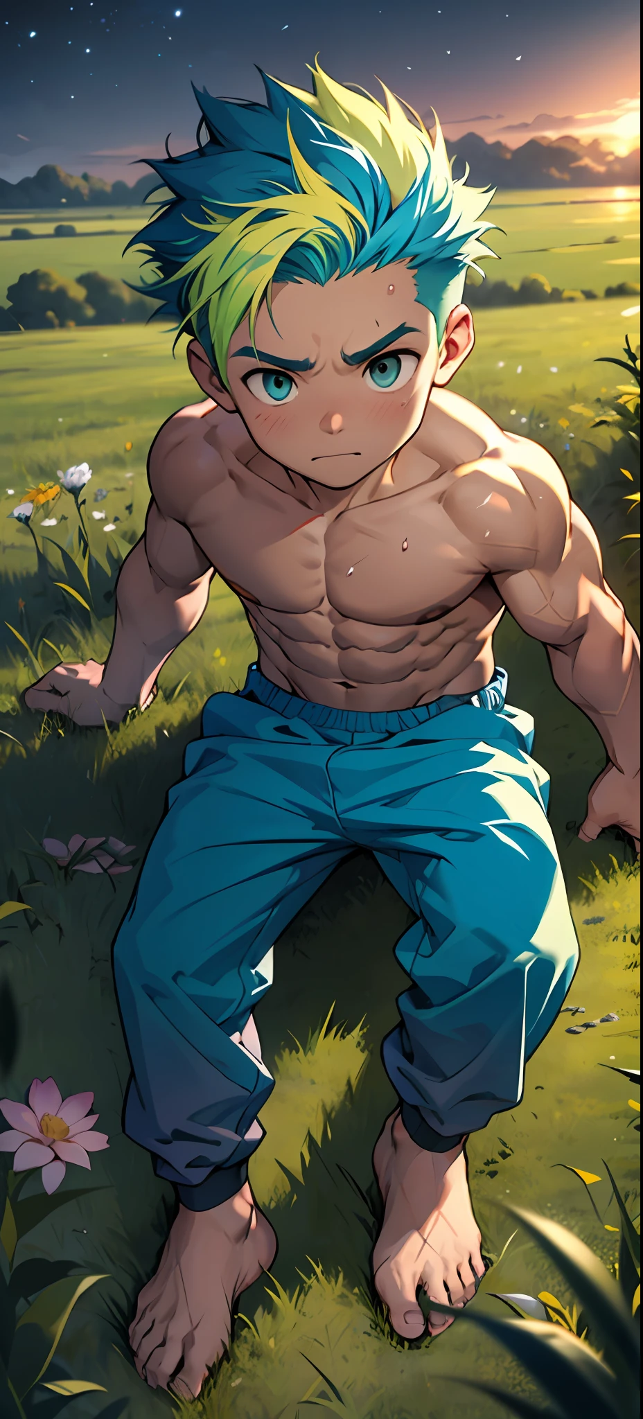 One guy,(younge boy,???'s face,a baby face,infancy),nakeness,(Exposing the ),Round eyes,Pink-purple skin,(Smooth skin),Short round face,Flat chin,Fine face in detail,Teal briefs,Muscular and strong,Short yellow-green-powder-blue hair,(Gradient hair color),nakeness,Teal briefs,Pectoralis abdominal muscles,Bare pectoralis abs,the night,vivd colour,(depth of fields:1.2),Bird's eye view,spread their legs,On the grass,Full body appearance
