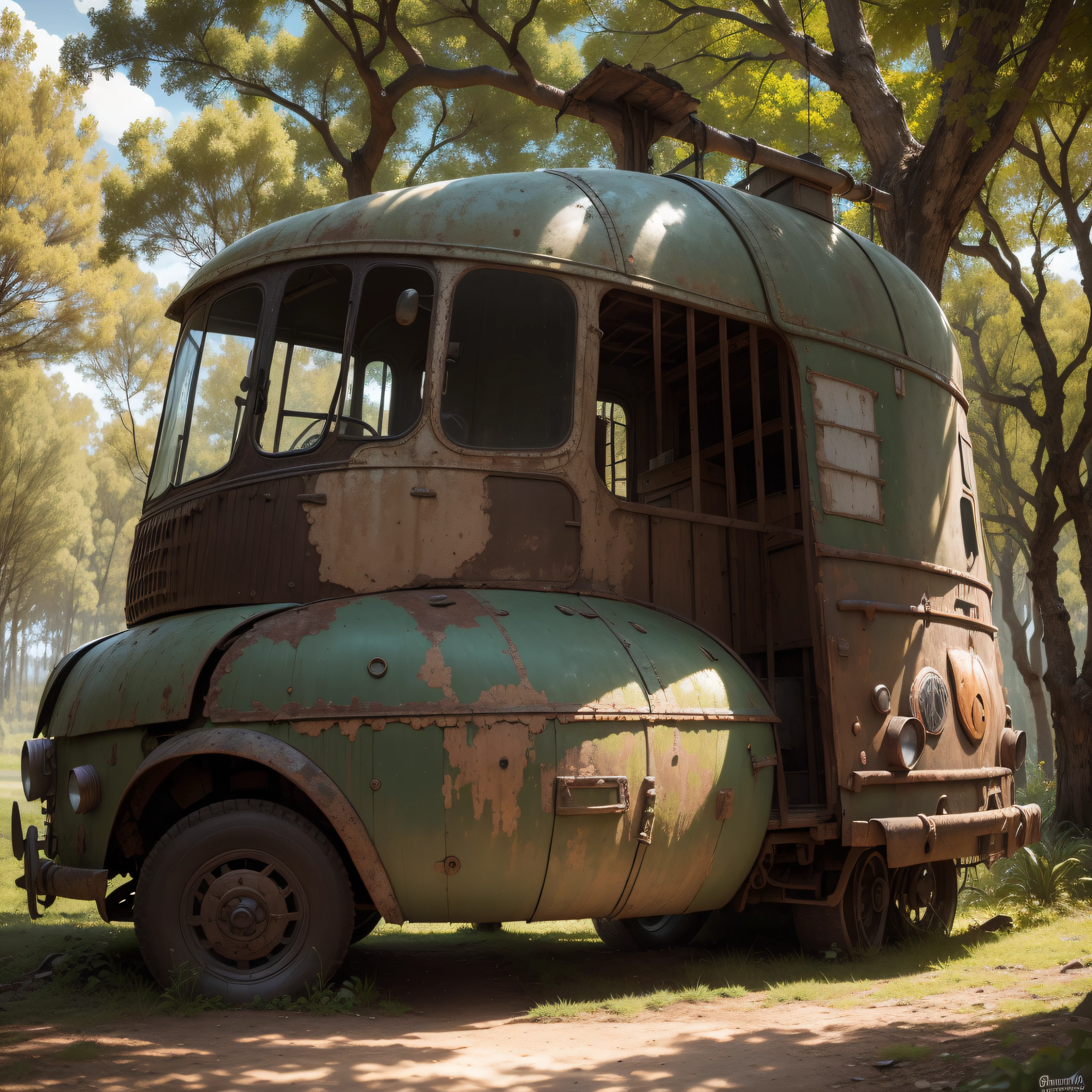(extremadamente detallado, obra maestra, La mejor calidad), paisaje de bosque. escultura enterrada en el suelo, old and broken car, rusted, abollado, cubierto de plantas, oxidado, sucio. oggre hidden among trees. Daytime Lighting.