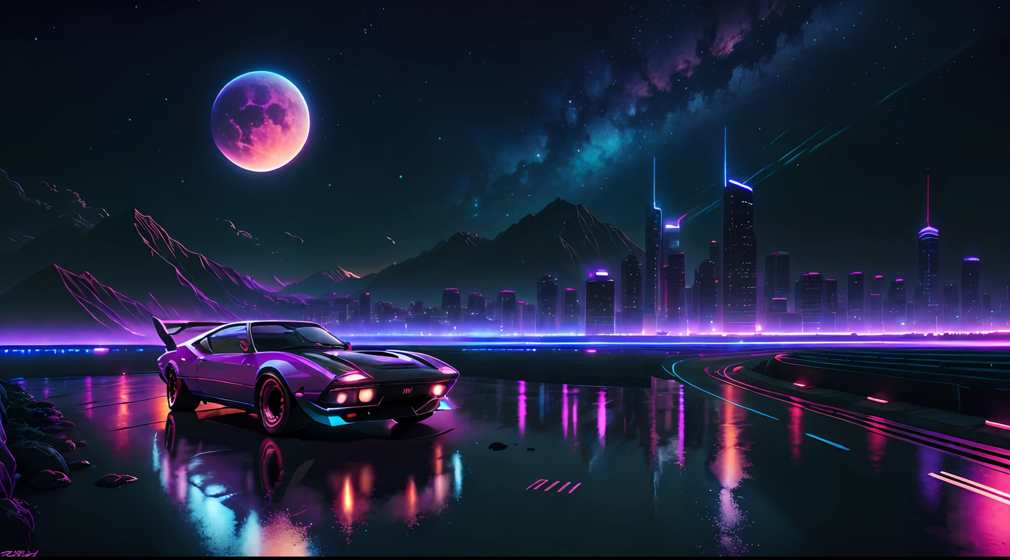 retrowave. city, 1969 Nissan S30, wide body kit, road, purple neon lights, sun, mountain,
(masterpiece,detailed,highres),