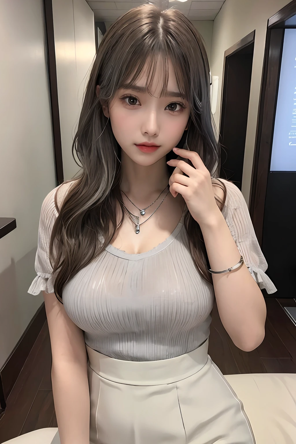 ((1girl in:1.3)),Light Brown Fringe Hair、disheveled hair、Light brown eyes、(dignified expression)、((Fashion magazine outfits))、(爆乳:1.4)、Emphasize the valley、(Photorealsitic)、(intricate detailes:1.2)、(masterpiece、:1.3)、(top-quality:1.4)、(超A high resolution:1.2)、超A high resolution、(A detailed eye)、(detailed facial features)、((Silver necklace))、Posing like a fashion model
