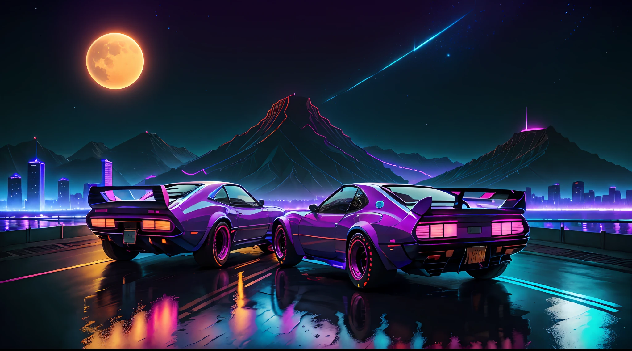 retrowave. city, 1969 Nissan S30, wide body kit, road,  purple neon lights, sun, mountain, 
(masterpiece,detailed,highres),