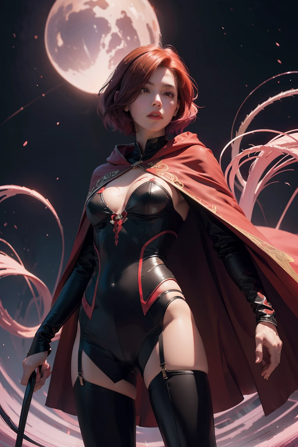 concept art, overhead angle of a Will-o'-the-wisp, wearing red cape, Caramel hair styled as Short hair, fluorescent purple Hair tie, equirectangular 360, Highres,  [(art by Willi Baumeister:1.1), (art by John T. Biggers:1.2)::17], official art, unity 8k wallpaper, ultra detailed, aesthetic, masterpiece, best quality, photorealistic