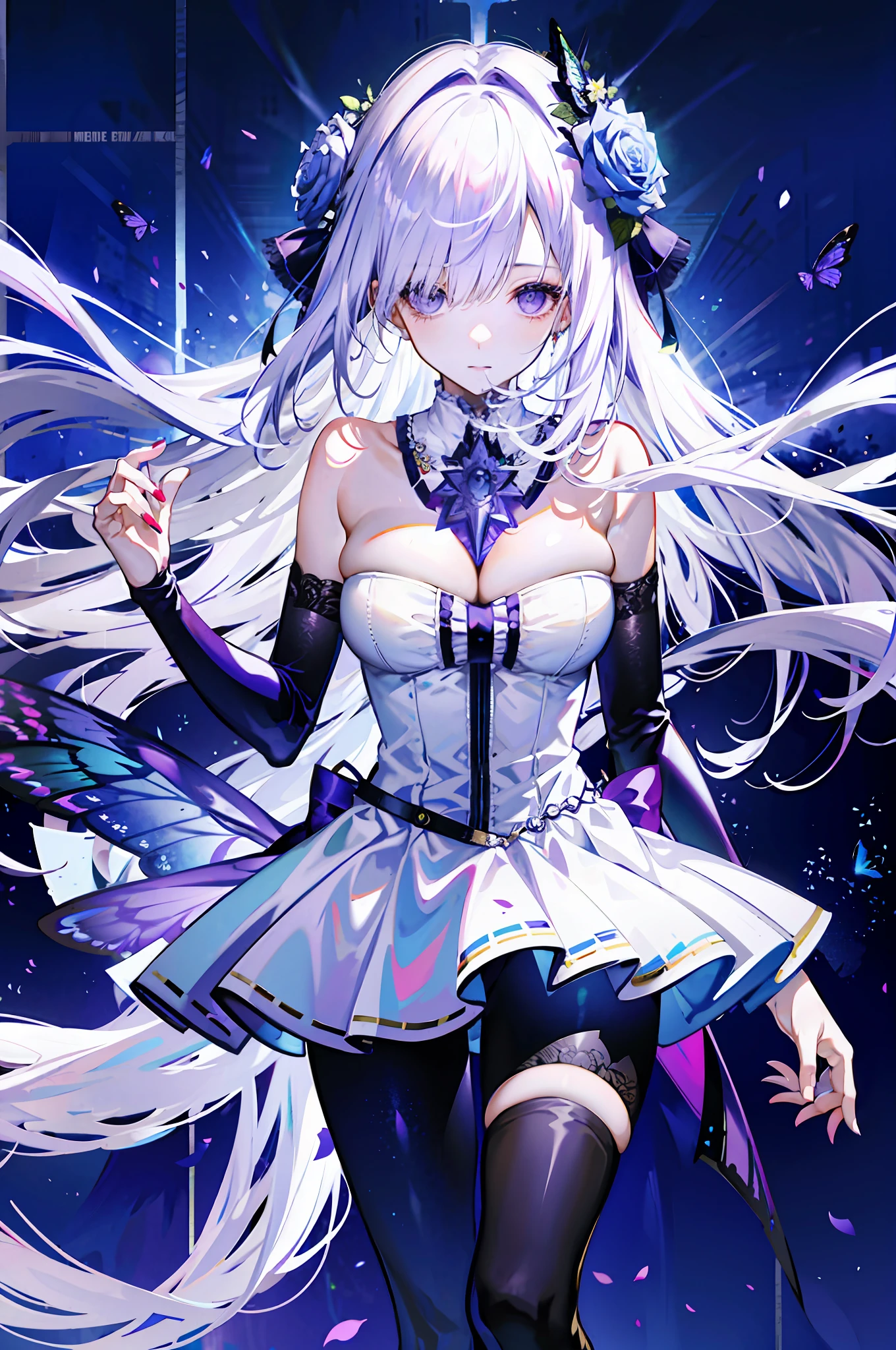 silber hair，butterflys，long whitr hair，8k wallpaper，detailedbackground，Highest high resolution，deep v big breasts，Hair covers one eye，Bandeau，Church background，Purple roses，tight-fitting，themoon，