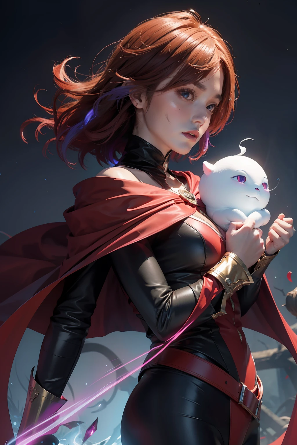 concept art, overhead angle of a Will-o'-the-wisp, wearing red cape, Caramel hair styled as Short hair, fluorescent purple Hair tie, equirectangular 360, Highres,  [(art by Willi Baumeister:1.1), (art by John T. Biggers:1.2)::17], official art, unity 8k wallpaper, ultra detailed, aesthetic, masterpiece, best quality, photorealistic