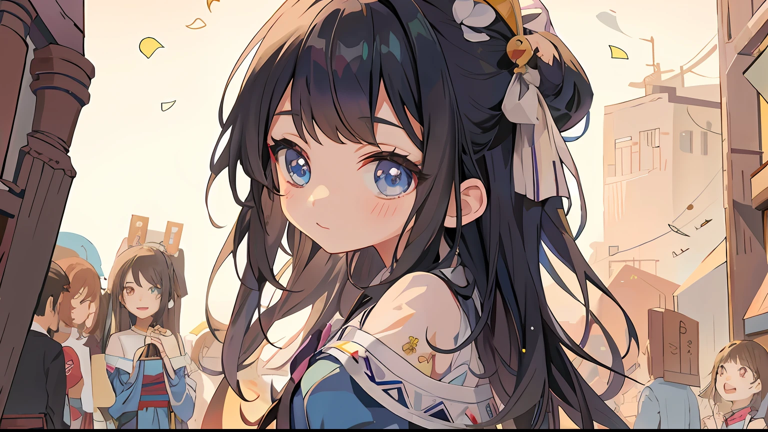 Anime girl with long black hair and blue dress standing in front of the crowd, anime visual of a cute girl, Cute anime girl, anime moe art style, cute anime girl portraits, Kawasi, Anime girl with long hair, Cute anime girl portrait, up of young anime girl, Guviz, small curvaceous loli, portrait of cute anime girl, cute anime face