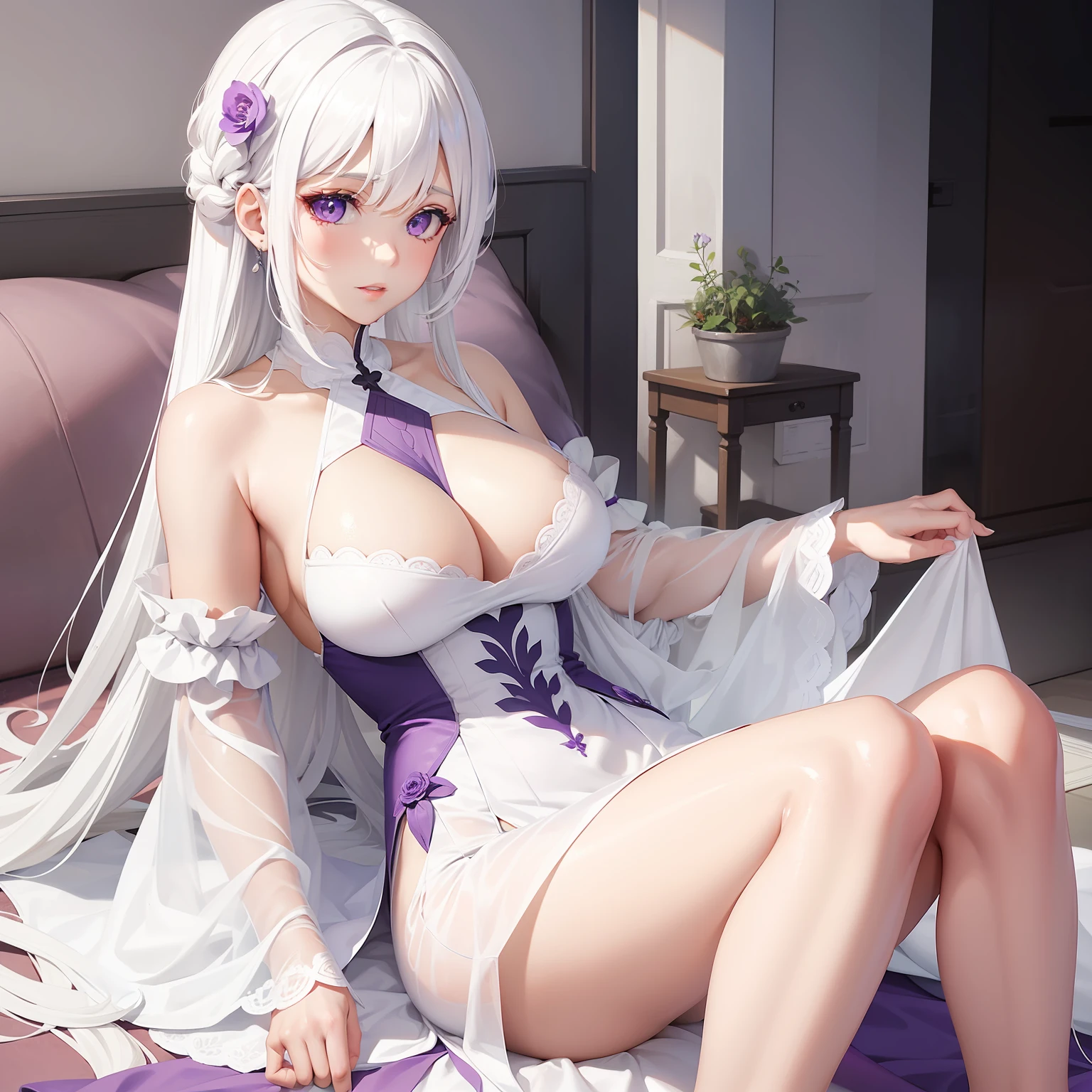 a women, white hair, purple eyes, white dress