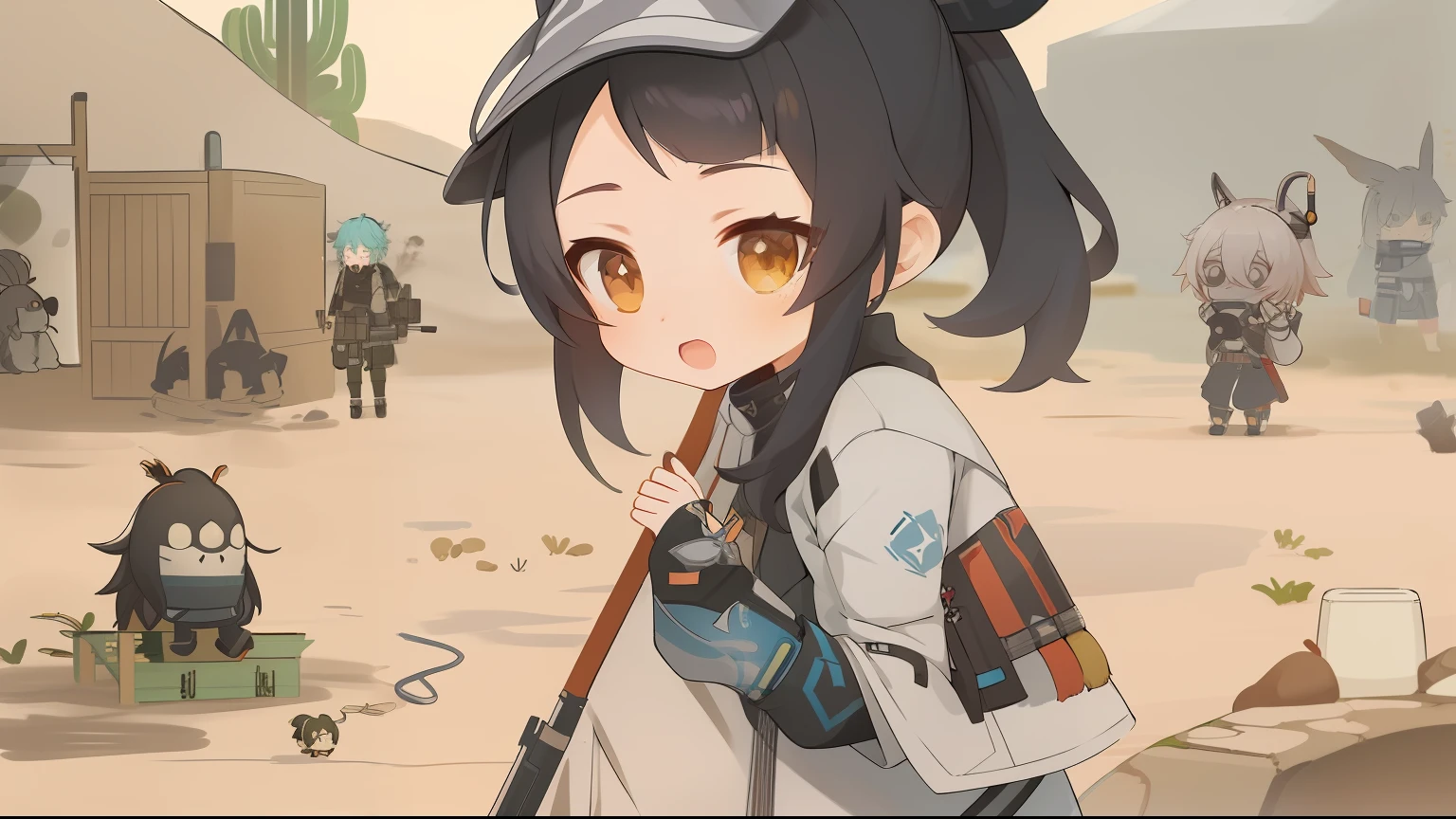 Anime girl with gun with other people in desert area, From Arknights, Ayaka Genshin impact, Kantai collection style, anime visual of a cute girl, Guviz, Guviz-style artwork, demon slayer rui fanart, Female protagonist 👀 :8, Stylized anime, Keqing from Genshin Impact, from bravely default ii