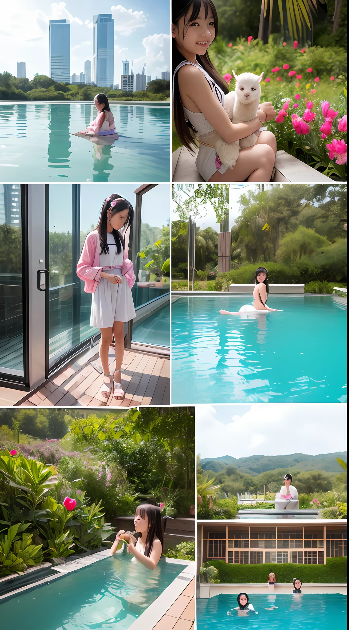 180-storey infinity pool,The tallest building in the city's forest,Sports Center,Bonsai around,Luo Han Song,coconut palms,coconut crab,tulips,Rose flower,Tease the alpacas to play,There were five little girls wearing openwork translucent stockings,Pouting and smiling,is shy,Pout,Pink, gold, White, Blue, Five colors, Two-tailed hair and cyan eyes,Anime little girl in servant costume