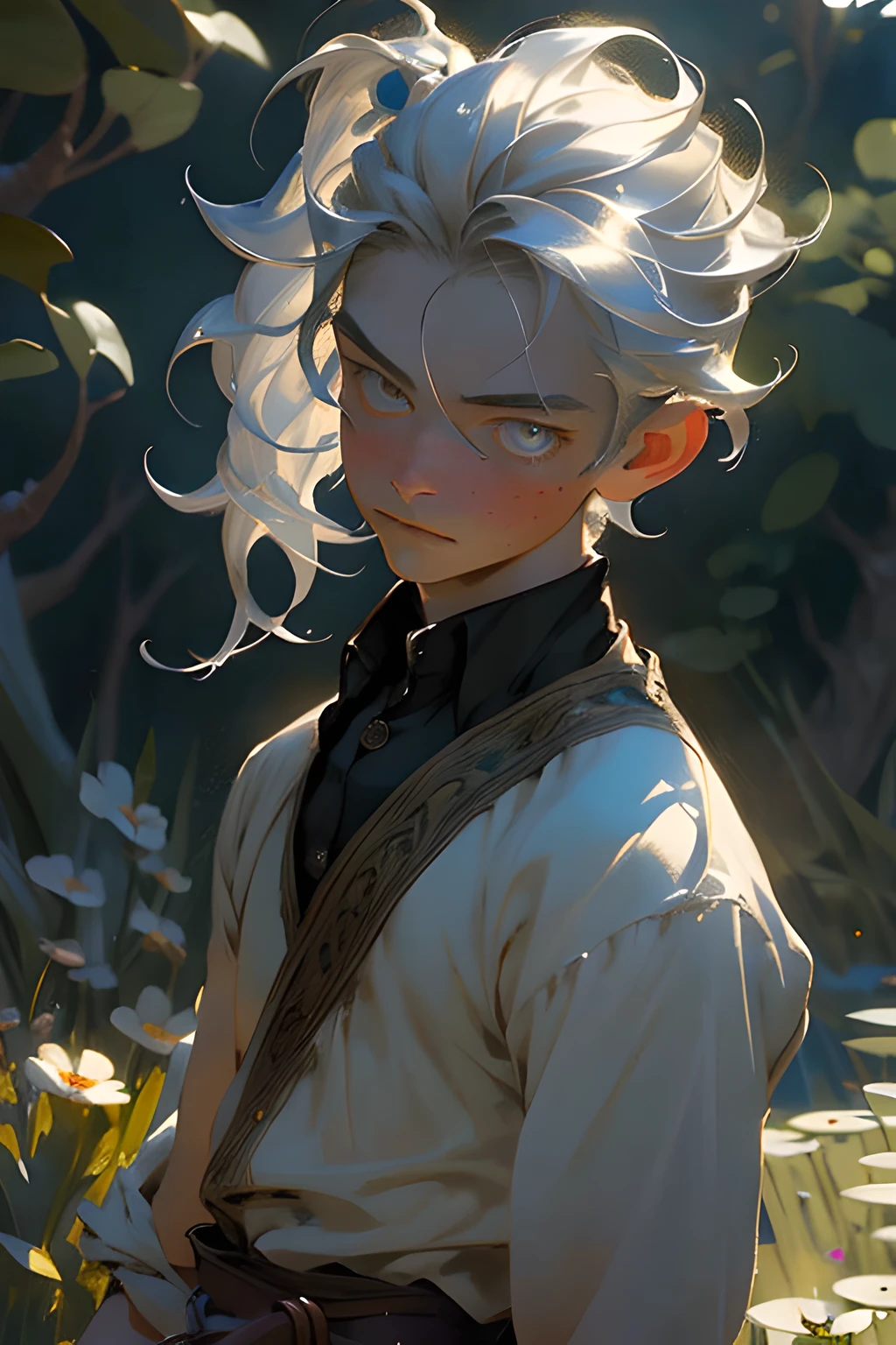 moody lighting, tranquil, calm, glow, masterpiece, best quality, 8k quality, detail eyes, detail hairs, masterpiece, best quality, John Singer Sargent, 1boy, fairies prince, masculine, silver ponytail, oil painting portrait, simple background