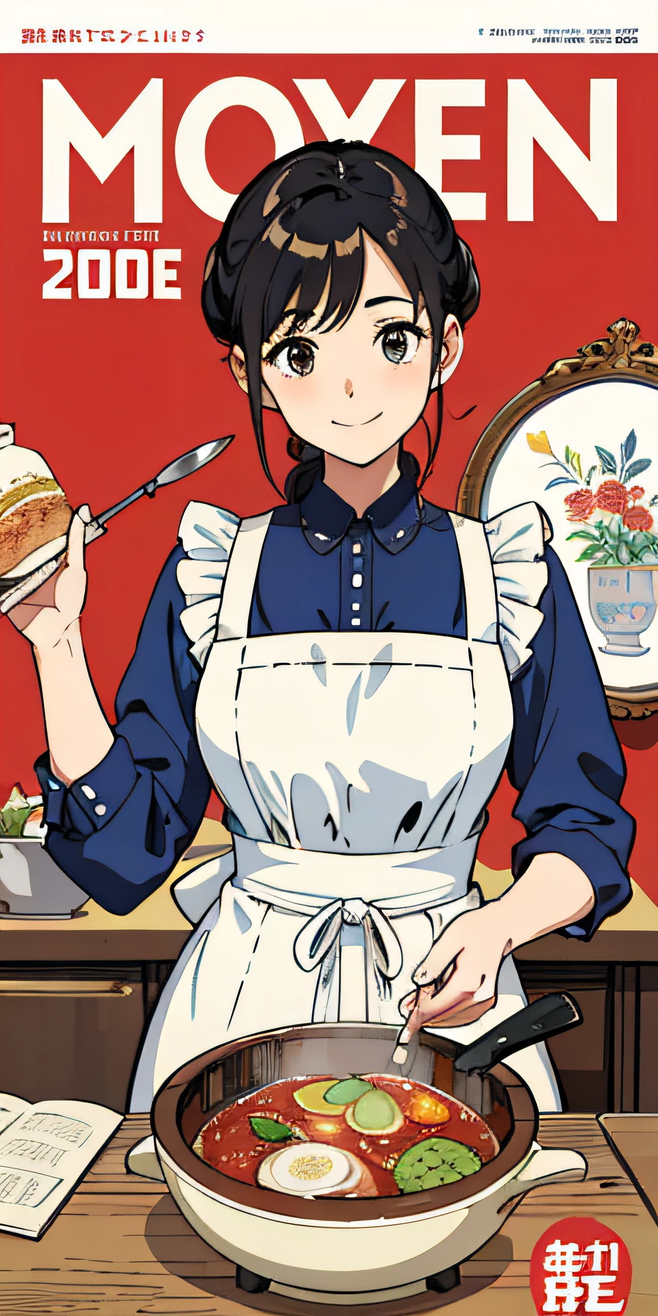 (Best Quality, Masterpiece), Women's Culinary Magazine Cover, 1girl, 20yr old, Amazing, adolable, A heartwarming smile, Hourglass figure, Wear floral dresses, aprons, steamer, charactor, schematics, ads, magazine title