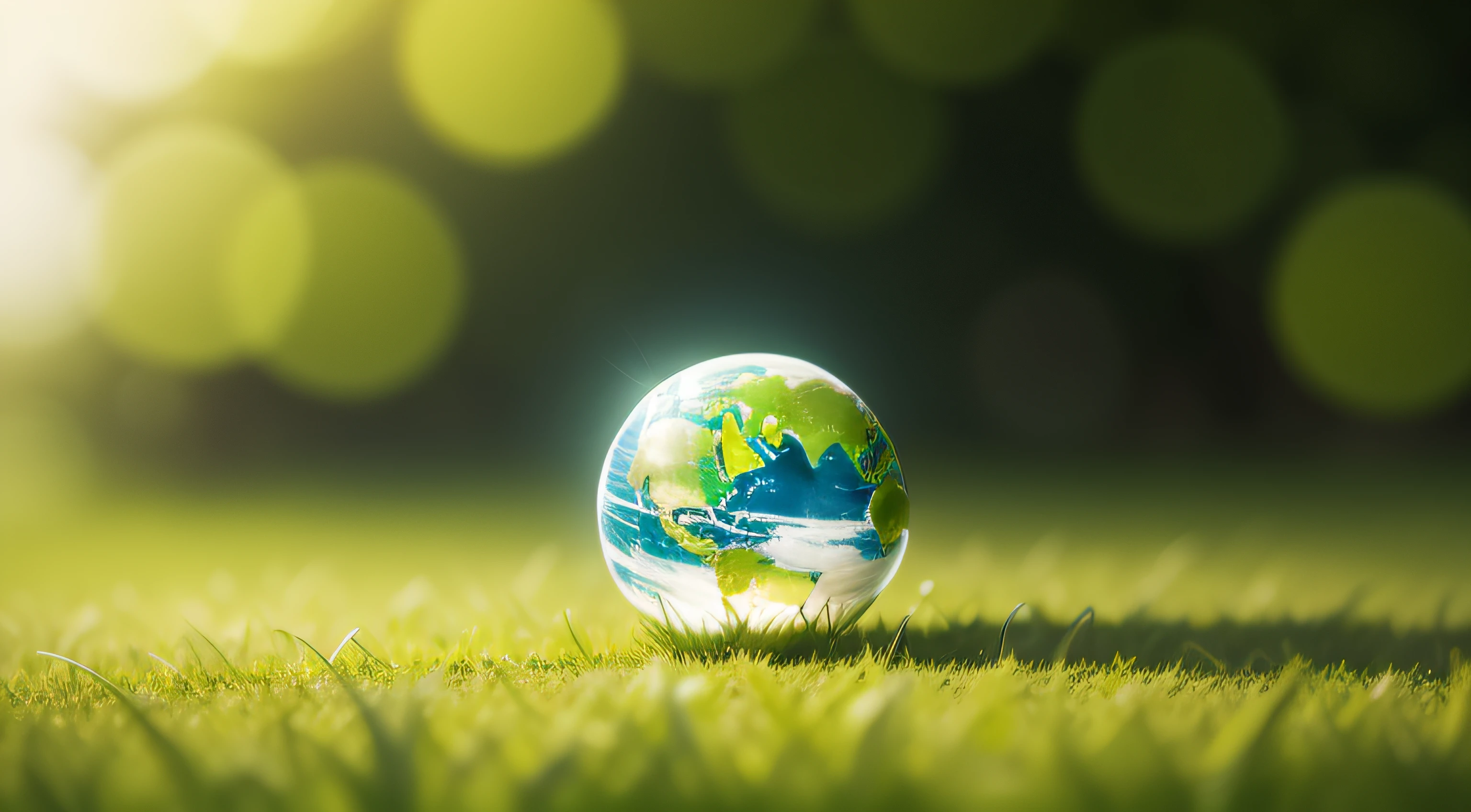 Concept Save the world save environment The world is in the grass of the green bokeh background