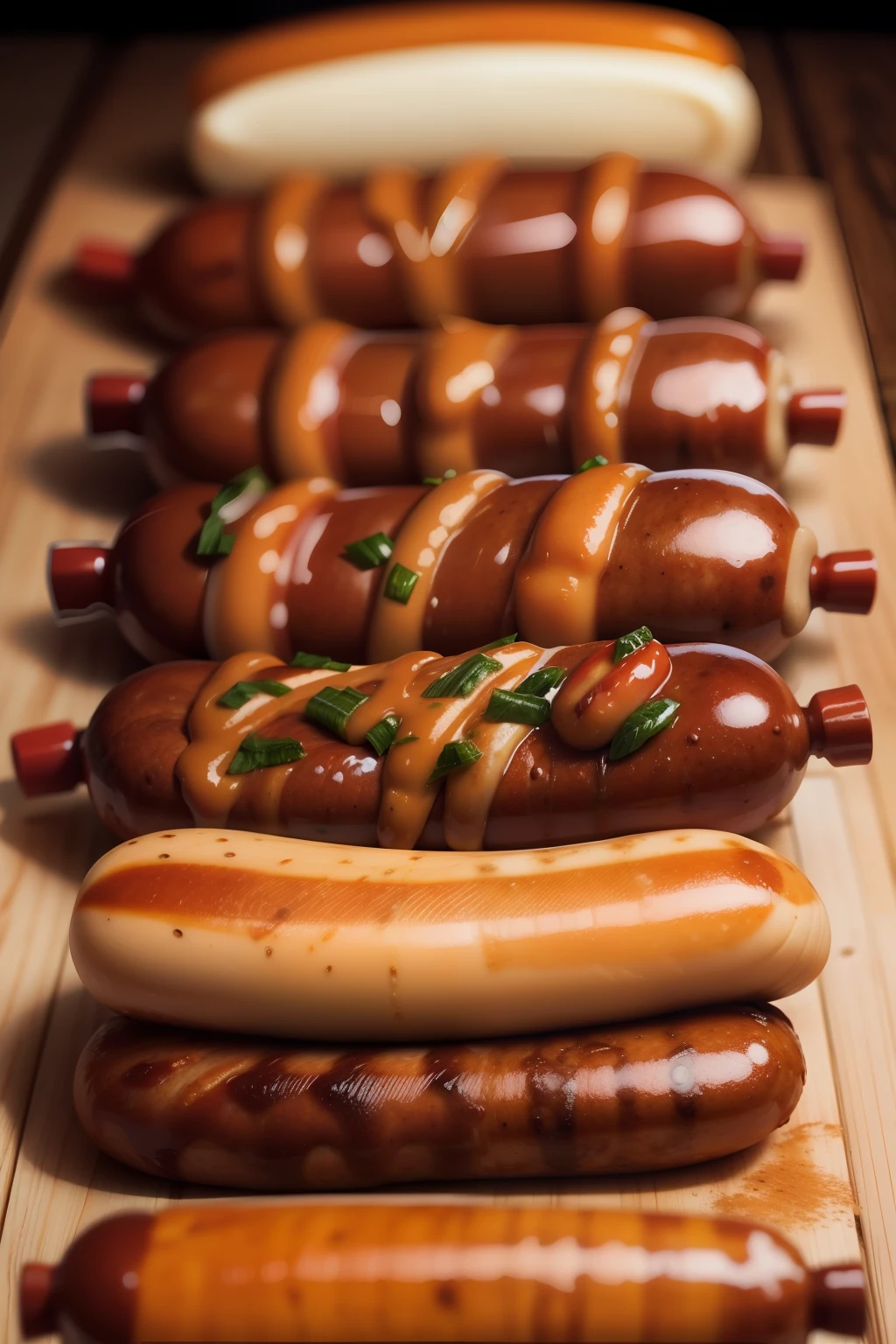 A close-up shot of a bunch of various sausages of food，