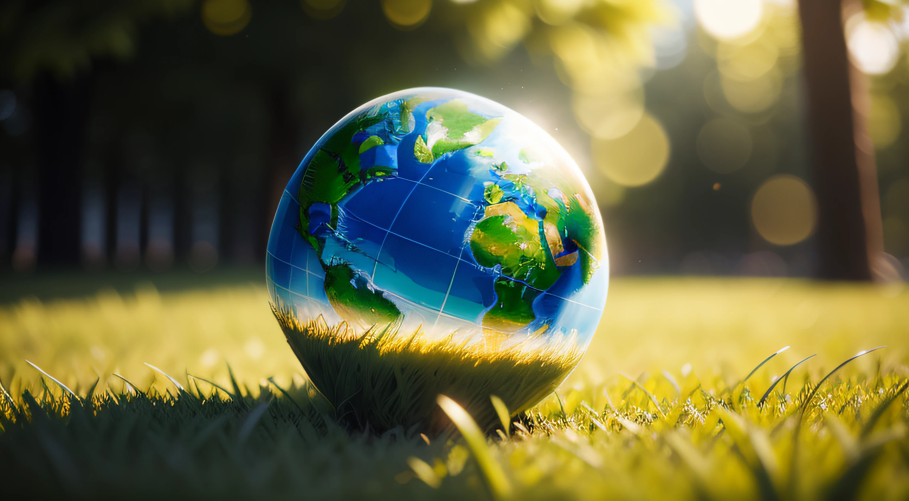 Concept Save the world save environment The world is in the grass of the green bokeh background