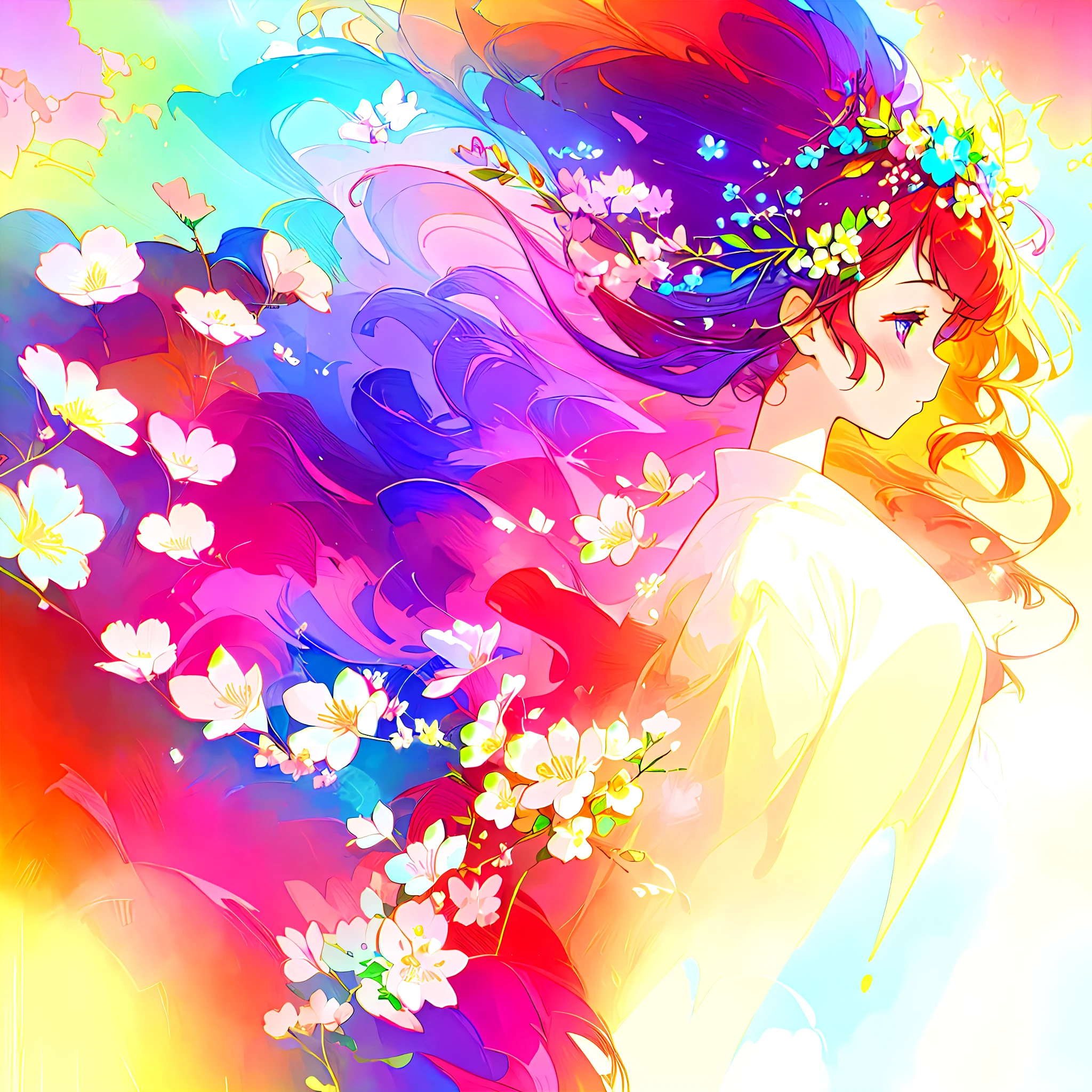 Profile of beautiful little girl with flowers in her hair, colorful illustration, animesque, a beautiful artwork illustration, gorgeous digital art, Exquisite digital illustration, beautiful art uhd 4 k, Beautiful digital art, beautiful gorgeous digital art, beautiful digital illustrations, Very beautiful digital art, Colorful Digital Painting, Vibrant digital painting, beautiful digital works of art, dreamy illustration, beautiful digital painting