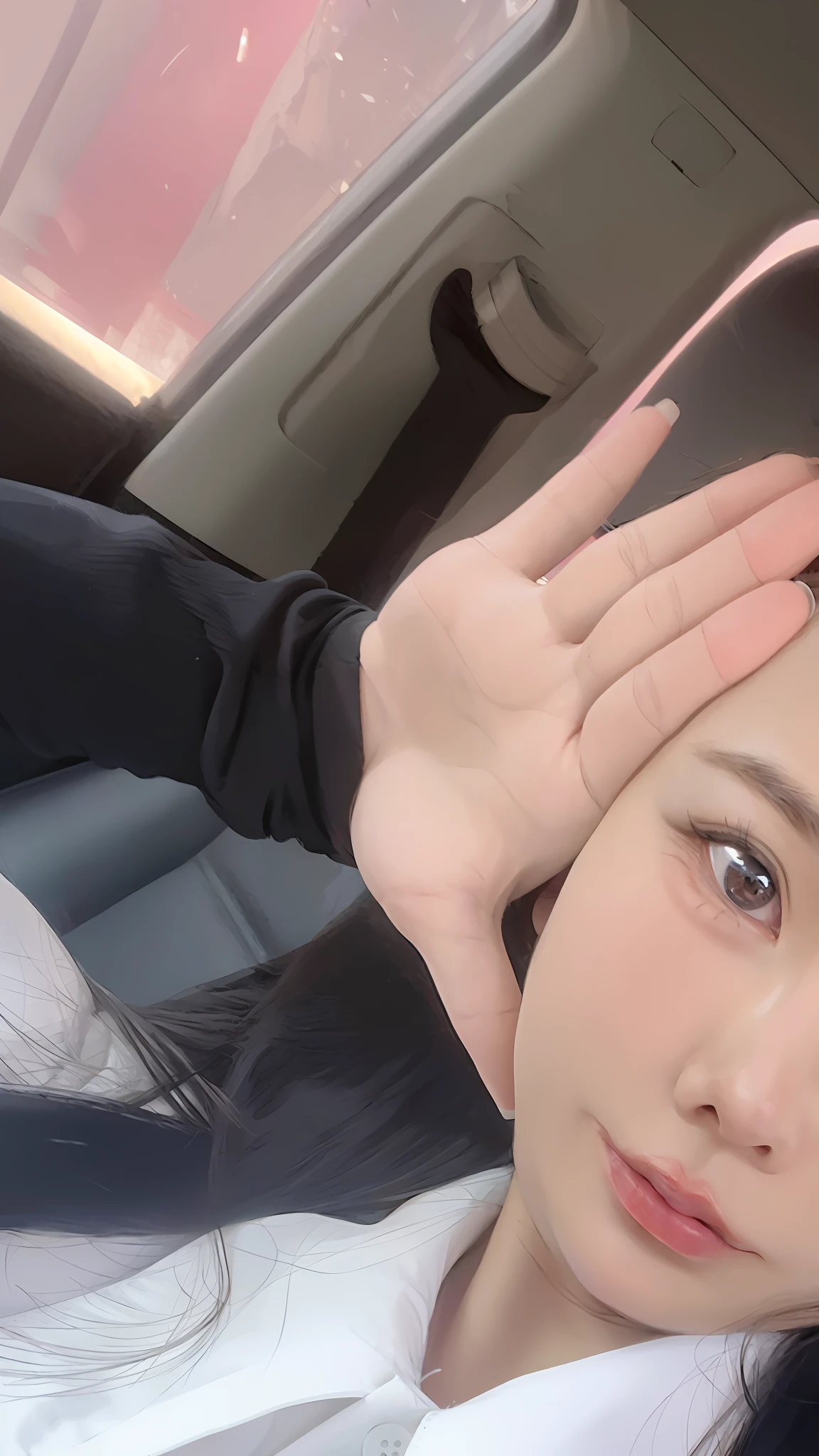 There was a woman sitting in the car，hands on head, ulzzangs, Choi Hyun-hwa, Korean girl, dilraba dilmurat, sakimichan, Lee Ji-eun, lee ji eun, 2 7 years old, wan adorable korean face, jaeyeon nam, hwang se - on, beautiful Korean women