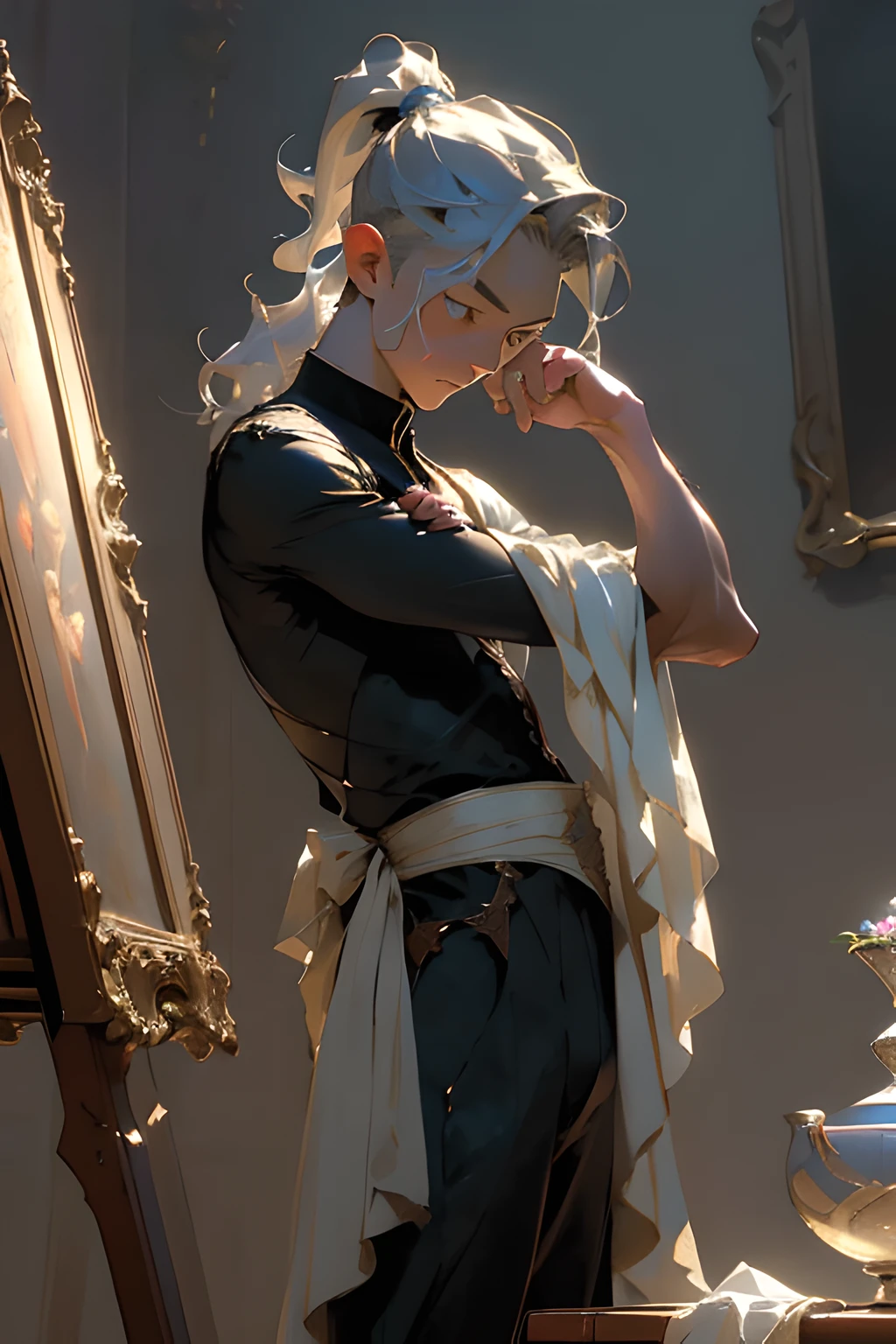 moody lighting, tranquil, calm, glow,masterpiece, best quality,masterpiece, best quality, John Singer Sargent, 1boy, fairies prince, silver ponytail, oil painting portrait, simple background, detail eyes, 8k quality, detail hairs,