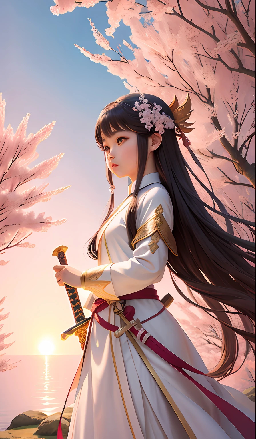 under a sakura tree,early evening,The sun is setting and the sunset is thousands of miles,Height 1.6 meters,The young girl was dressed in white and held a long sword,Side stations,Long hair and waist,45 degrees head up,Fantasy art style,Ethereal fantasy,xianxia fantasy,Pure and cute little junior sister