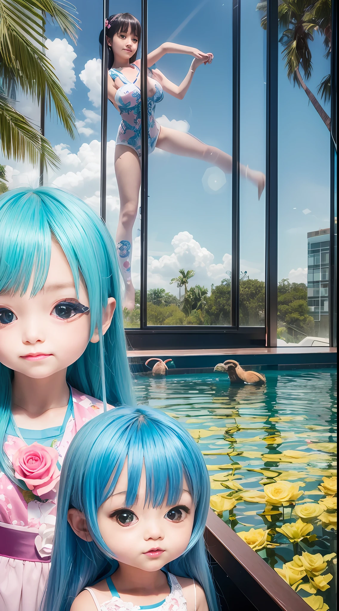 180-storey infinity pool,The tallest building in the city's forest,Sports Center,Bonsai around,Luo Han Song,coconut palms,coconut crab,tulips,Rose flower,Tease the alpacas to play,There were five little girls wearing openwork translucent stockings,Pouting and smiling,is shy,Pout,Pink, gold, White, Blue, Five colors, Two-tailed hair and cyan eyes,Anime little girl in servant costume