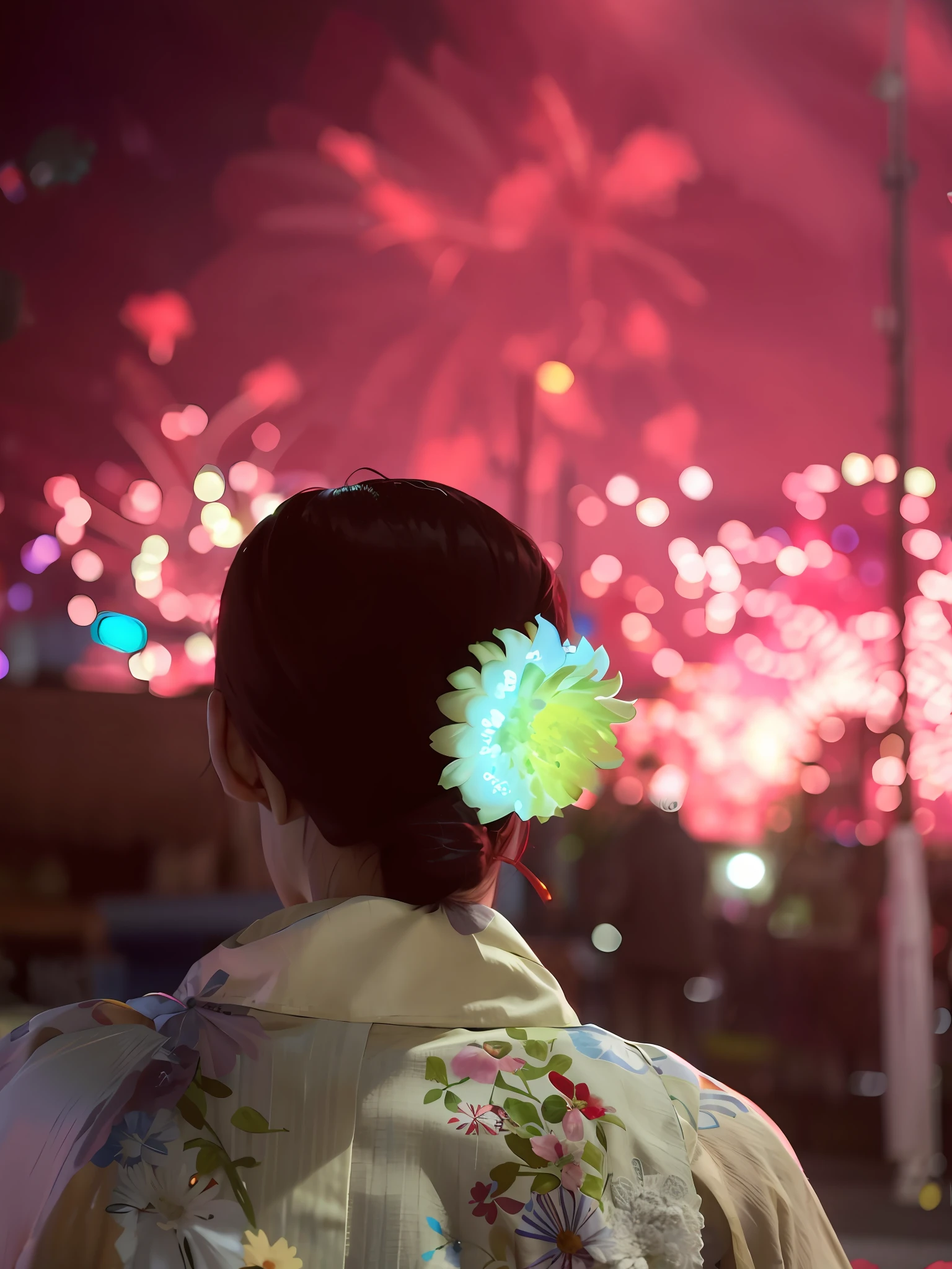 Woman with flowers in her hair looking at fireworks in the sky, Fireworks in the background, fireworks in background, [ fireworks in the sky ]!!, Fireworks, summer festival night, fire works, prize winning color photo, celebrating, Before a nuclear explosion, celebrating, summer festival in background, close-up shot from behind, cheerfulness!!!, calm evening. over the shoulder shot