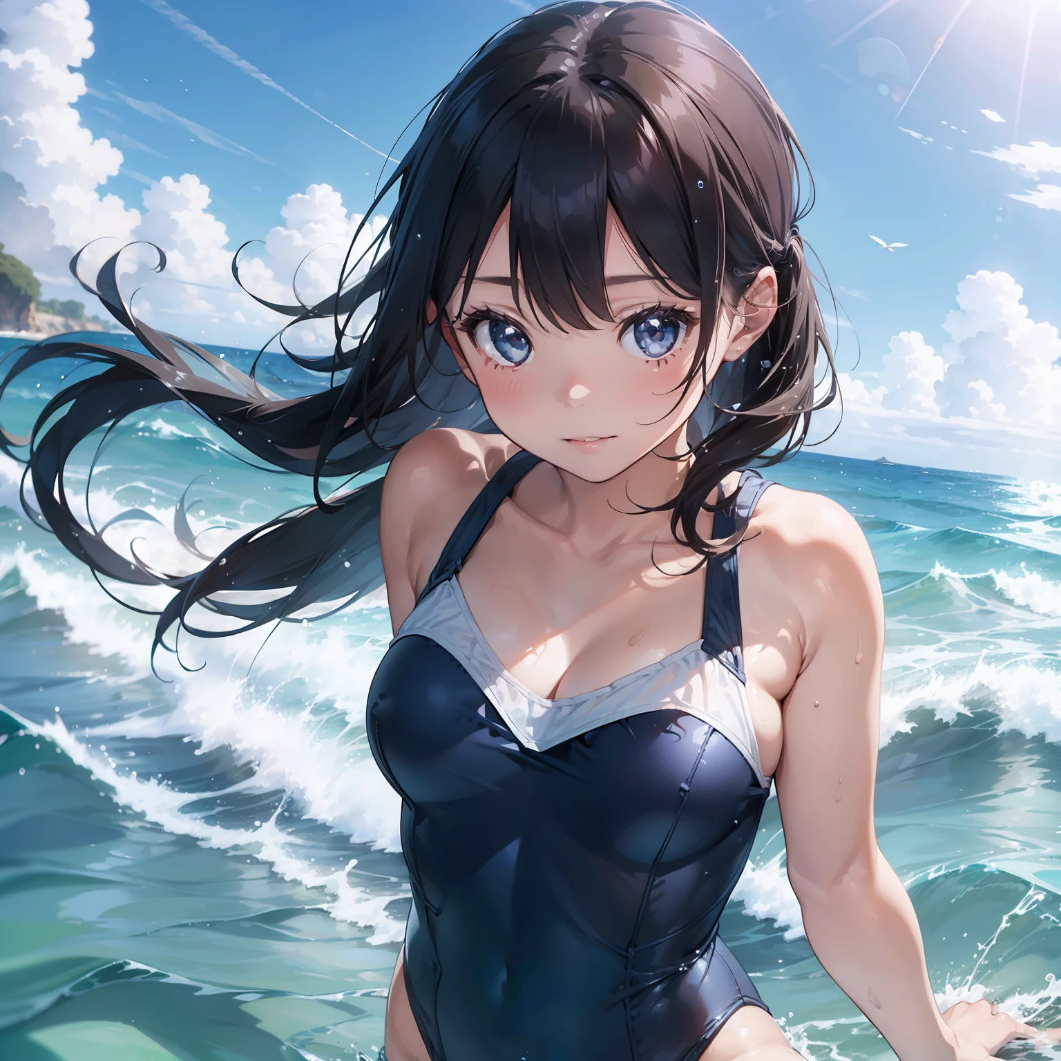 Sparkling waves、Girl swimming in the sea,swim wears,  ((Top quality 16k)), ((Detailed and subtle)), ((Photorealistic)), ((Fantastic background)),
