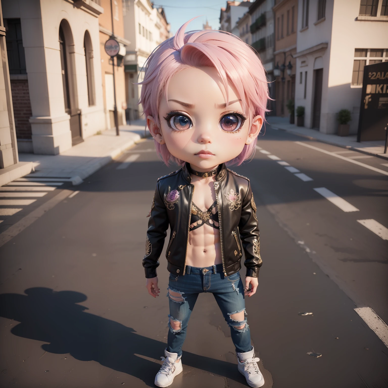 24 (((chibi 3d))),Very cute and beautiful male solo/ a gorgeous, 360 view, Dragon embroidered shiny stajan,Street Fashion, damage jeans,unique pose, sharp outline, Bright street corner, vivid hues, Chic feeling