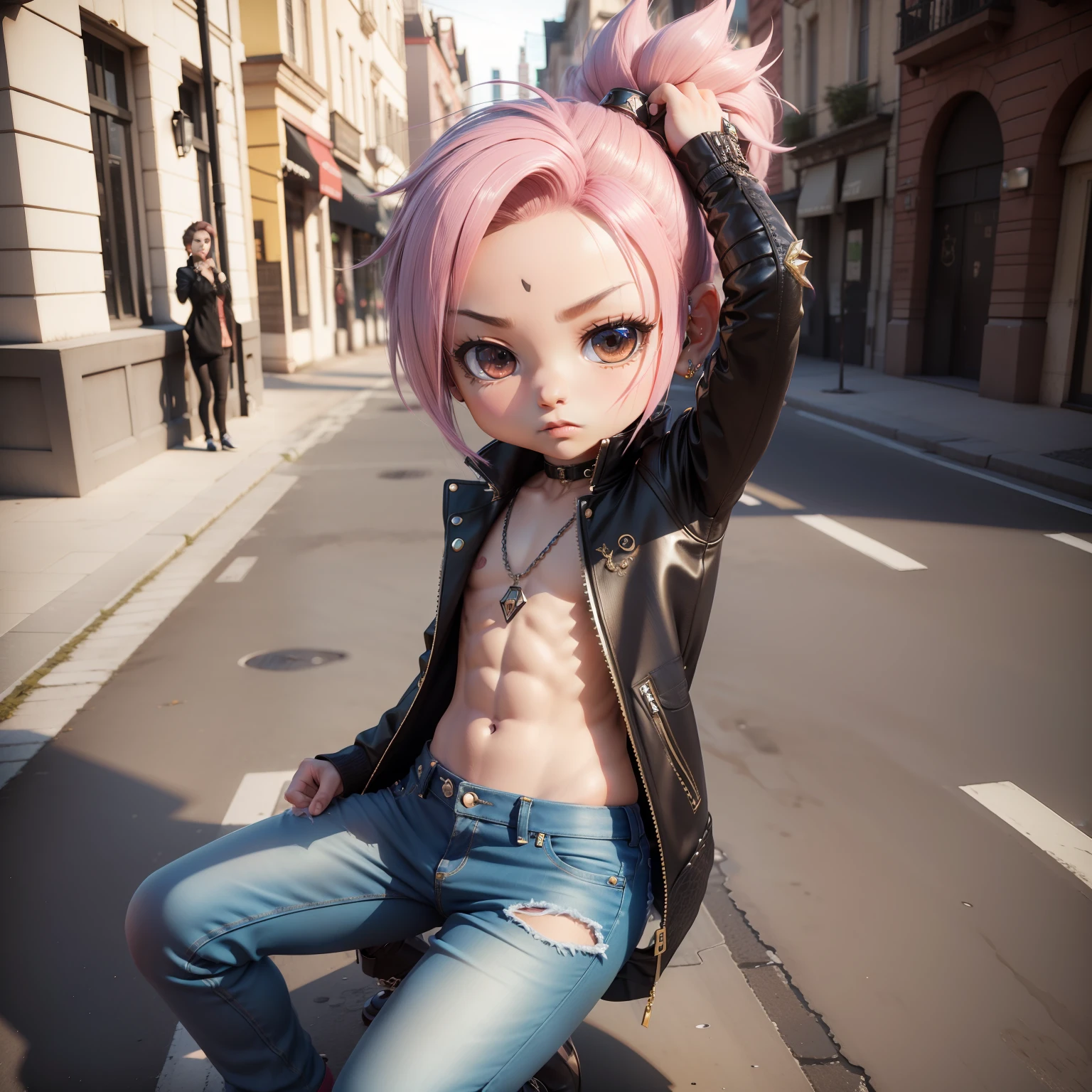 24 (((Chibi 3D))),Very cute and beautiful male solo/ a gorgeous, 360 view, Dragon embroidery shiny stajan,Street fashion, damage jeans,Unique Pose, sharp outline, Bright street corner, vivid hues, Chic feeling