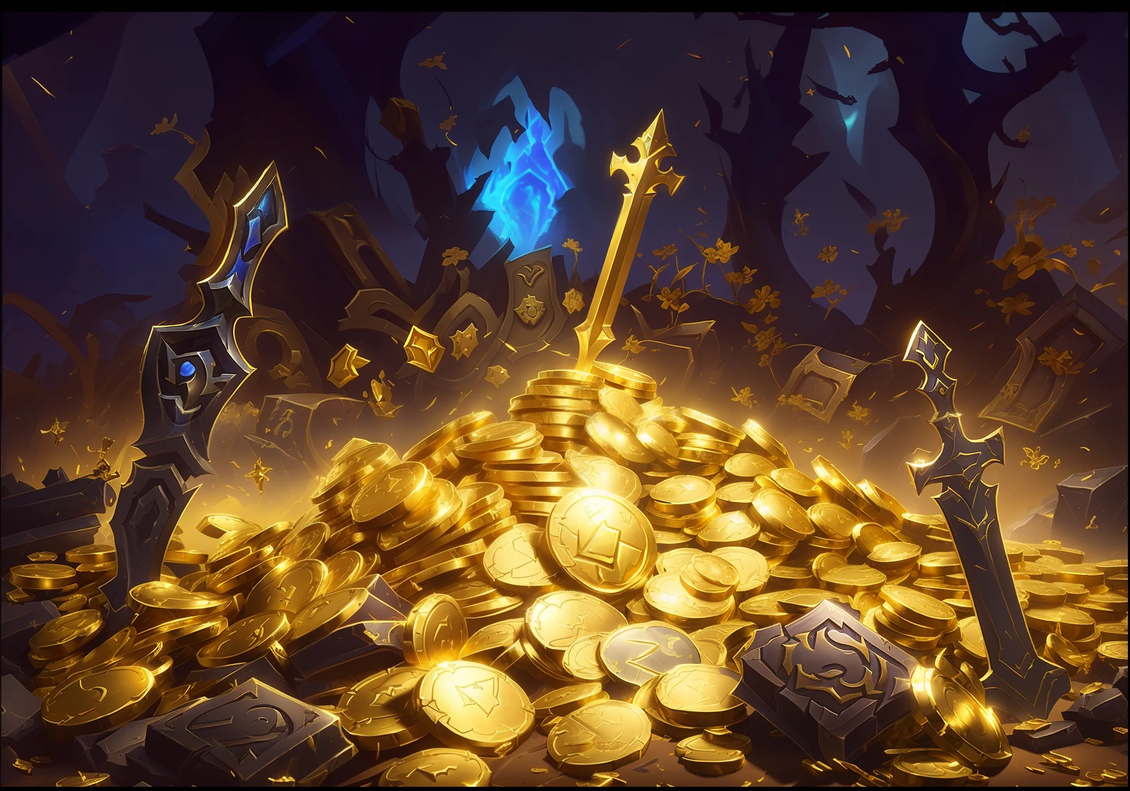 There was a pile of gold coins and a sword on the ground, hearthstone concept art, treasure background, treasures, looming over a horde of gold, Blizzard Hearthstone concept art, gold and treasure, hearthstone art, Hearthstone card art, author：Alexander Jean, Pickaxe and a pile of gold, hearthstone card artwork, 8k hd wallpaperjpeg artifact