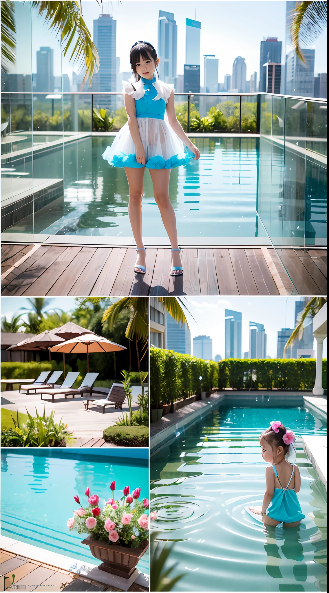 180-storey infinity pool，The tallest building in the city's forest，Sports Center，Bonsai around，Luo Han Song，coconut palms，coconut crab，tulips，Rose flower，Tease the alpacas to play，There were five little girls wearing openwork translucent stockings，Pouting and smiling，is shy，Pout，Pink, gold, White, Blue, Five colors, Two-tailed hair and cyan eyes，Anime little girl in servant costume