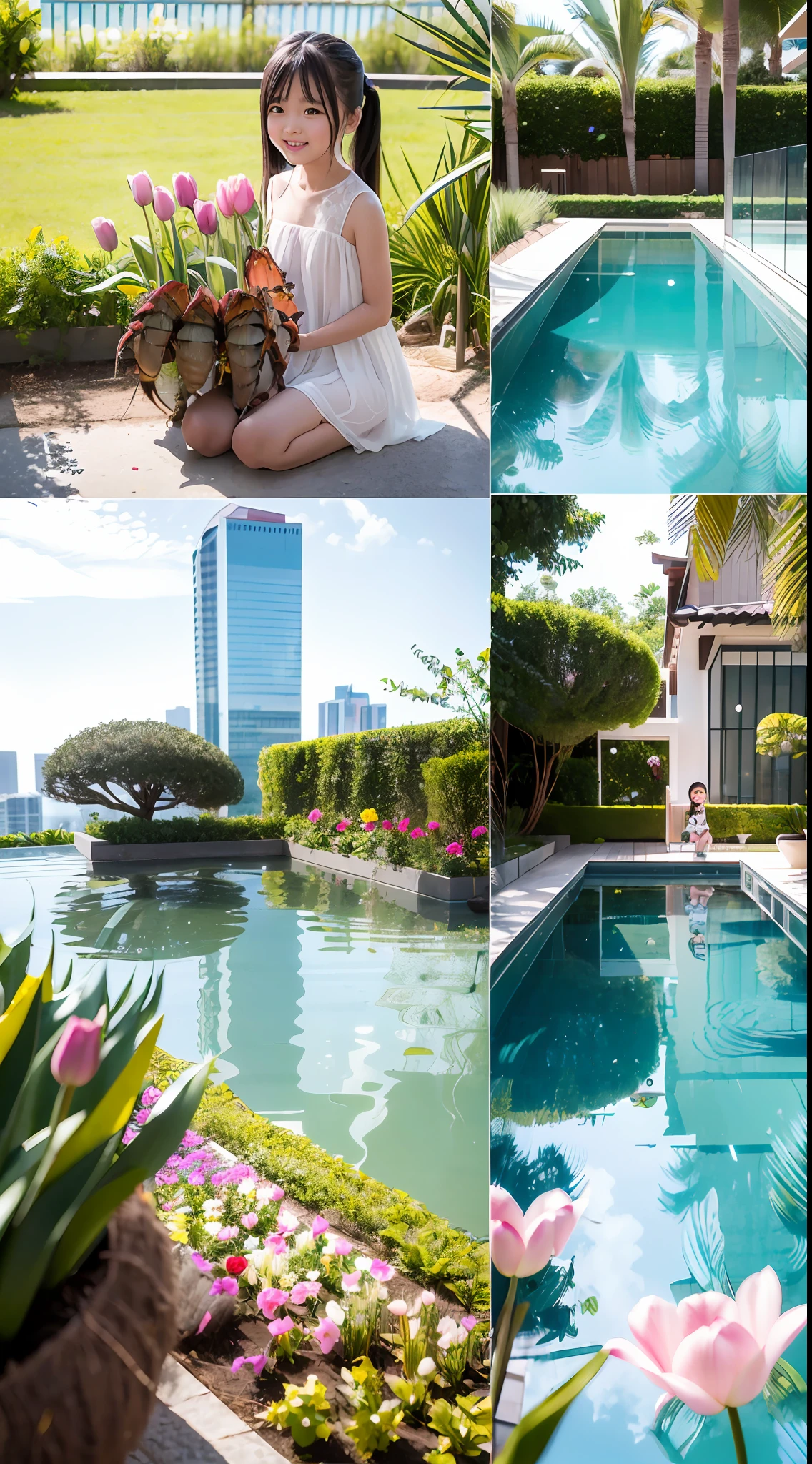 180-storey infinity pool，The tallest building in the city's forest，Sports Center，Bonsai around，Luo Han Song，coconut palms，coconut crab，tulips，Rose flower，Tease the alpacas to play，There were five little girls wearing openwork translucent stockings，Pouting and smiling，is shy，Pout，Pink, gold, White, Blue, Five colors, Two-tailed hair and cyan eyes，Anime little girl in servant costume