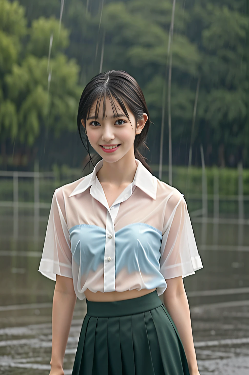 (It's raining heavily: 1.5), (((High school girl dancing in the schoolyard in the rain: 1.5))), (Cute 18 year old high school girl), (((Full body soaking wet with rain: 1.5 ))), (brutal smile: 1.5), ((skin wet in the rain)), (((hair is wet in the rain, bangs are wet in the rain, uniform collar blouse is wet in the rain Masu: 1.8))), ((The blouse is transparent, and the blouse is wet and close to the skin: 2)), ((The skirt is wet)), ((No bra)), ( ((Nipple shadow on chest: 1.8))) , ((loosely tied red ribbon: 2)), ((1 woman: 1.5)), (anatomically correct proportions), sexy proportions , (((bruised pose))), ((dancing figure)), ((above the knee shot: 1.5)), detailed face, detailed hair, detailed skin, small face: 1.2 , No makeup, Big breasts, ((Short torso:1.2)), Thin waist, Small ass, ((1 screen)), 8K, RAW shot, Highest quality, Masterpiece, realistic pictures