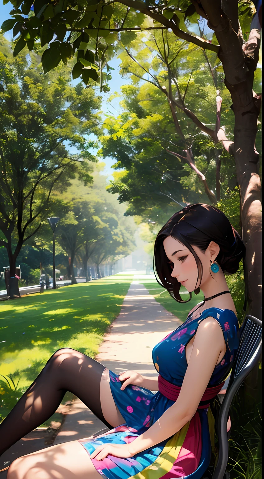 young  woman, vestidos com roupas urbanas modernas, cabelos curtos loiros, grandes olhos amarelados, maquiagem suave, in a park with many trees, A sombra das folhas caindo nela. alto detalhamento, Brincos de ouro com pedras preciosas. dia ensolarado, She is happy and at peace. Fechar POV.
