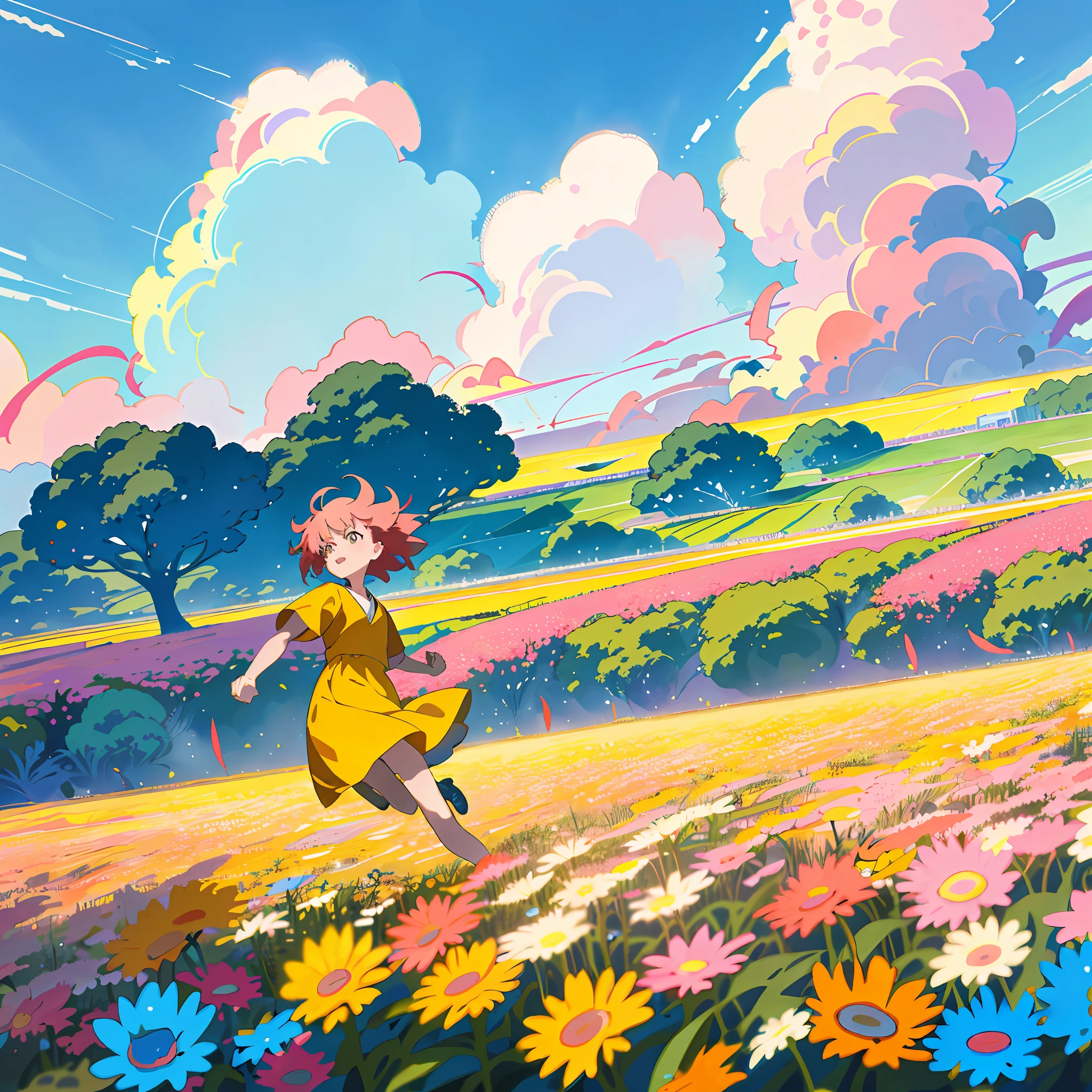 Panoramic view，Character vistas，Evening sunset，Girl running in a flower field under blue sky, the anime girl is running, （Wearing a yellow dress:1.5），pink short hair，Messy hair，in the style of Hayao Miyazaki, in the style of Hayao Miyazaki,