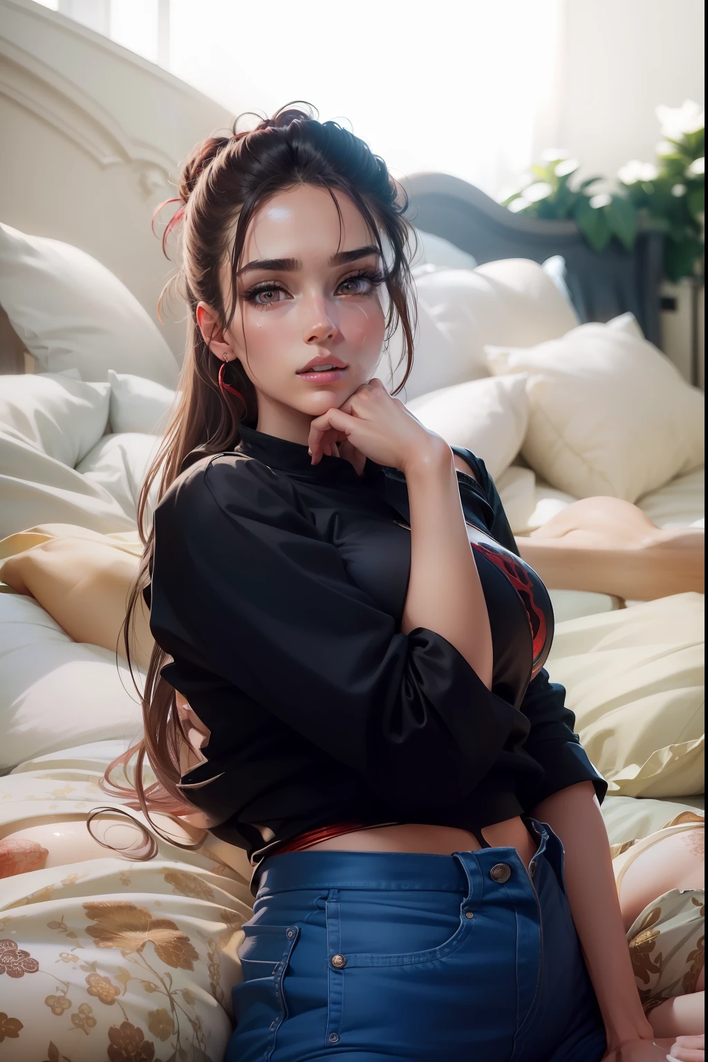 ((Top Quality, 8k, Masterpiece: 1.3)), Beauty, 1 Girl, huge_breasted: 1.3, Slender Abs: 1.1, Dark Brown Hair, messy bun hair, (Lying in Bed, Open Legs: 1.2), Ultra Detailed Face, Highly Detailed Lips, Detailed Eyes, Double Eyelids, shiny skin, ((red underwear))