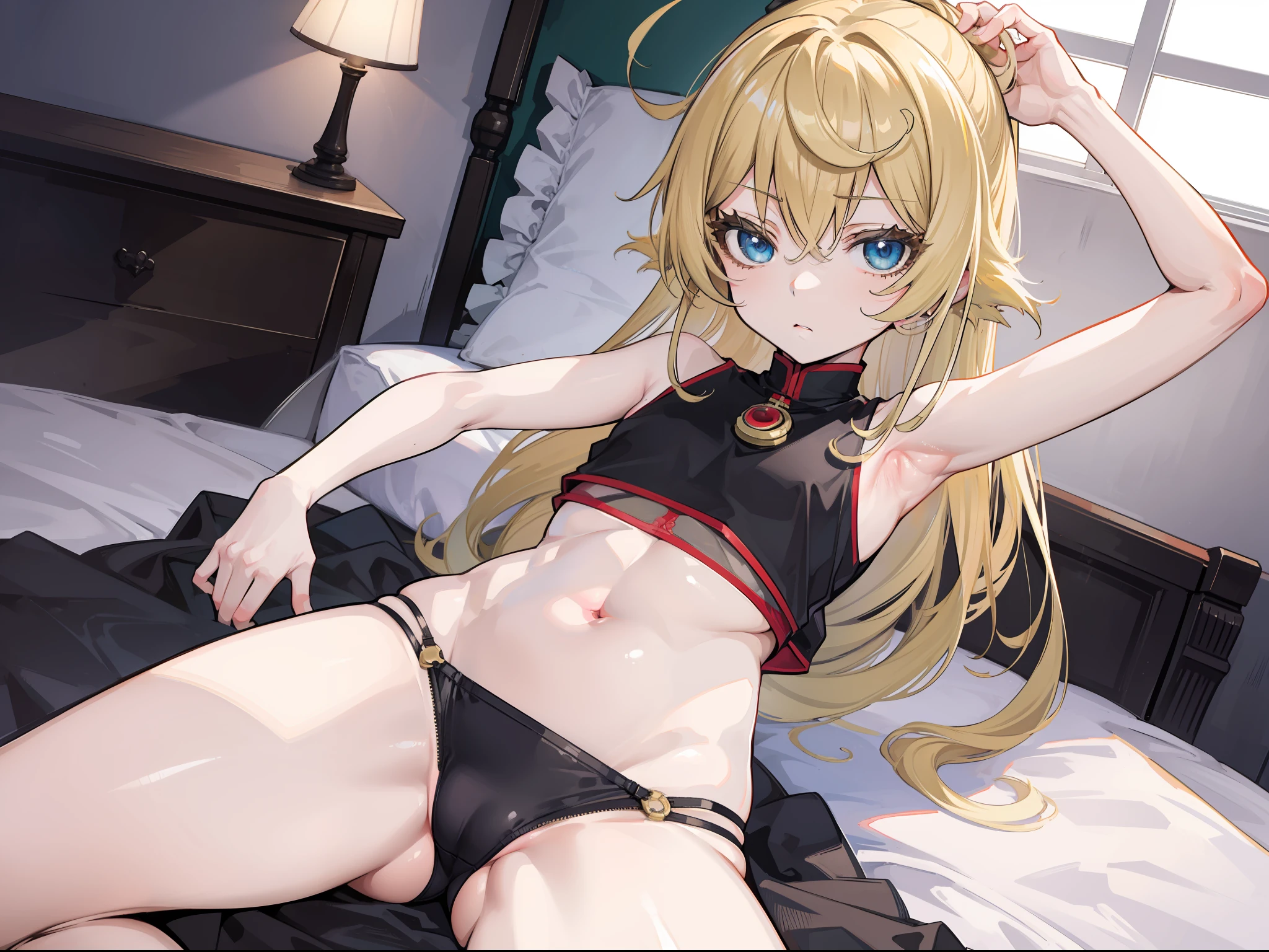 Tanya von degurechaff, croptop, armpit, no pants, opening her thighs, clean skin, masterpiece, Top quality, Ultra high definition, Maximum resolution, Very detailed, bedroom, mastrubation