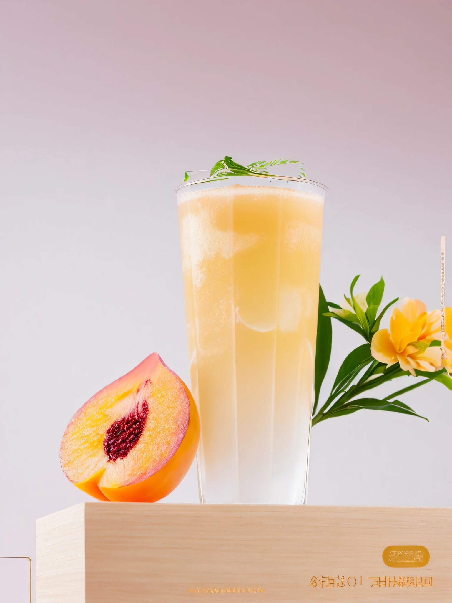 There was a glass of juice and a slice of peach, Peach, author：Tadashi Nakayama, professional fruit photography, drink, inspired by Jacopo Bellini, author：Chen Tingfo, peach and goma style, high quality product photo, highly detailed composition, author：Liao Zhichun, Inspired by the Gentile Bellini, Product photography