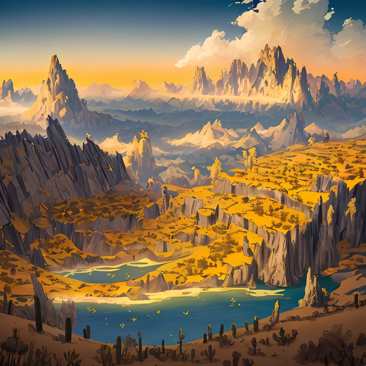 Obra de arte realista, paisaje infernal, fantasia oscura, Sky with honeycomb design, a Beelzebub, nubes verdes, pantanos, esqueletos flotando en los pantalones, Mountains of Earth, Cerbero, tar grounds, Desert landscape, sufrimiento, muerte, hambruna,