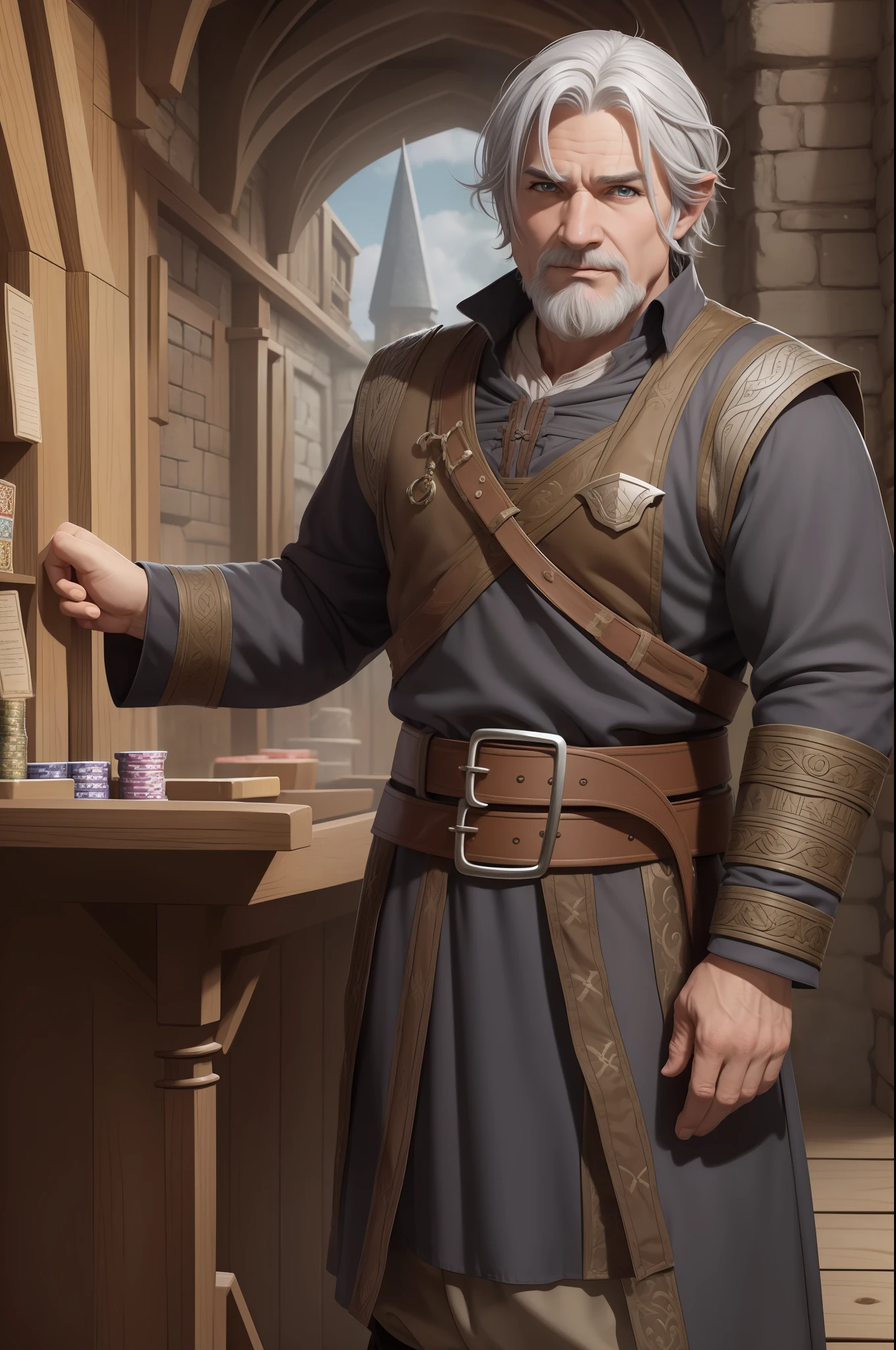 adult halfling man, innkeeper, gambler, grey hair, rpg character, high fantasy medieval style