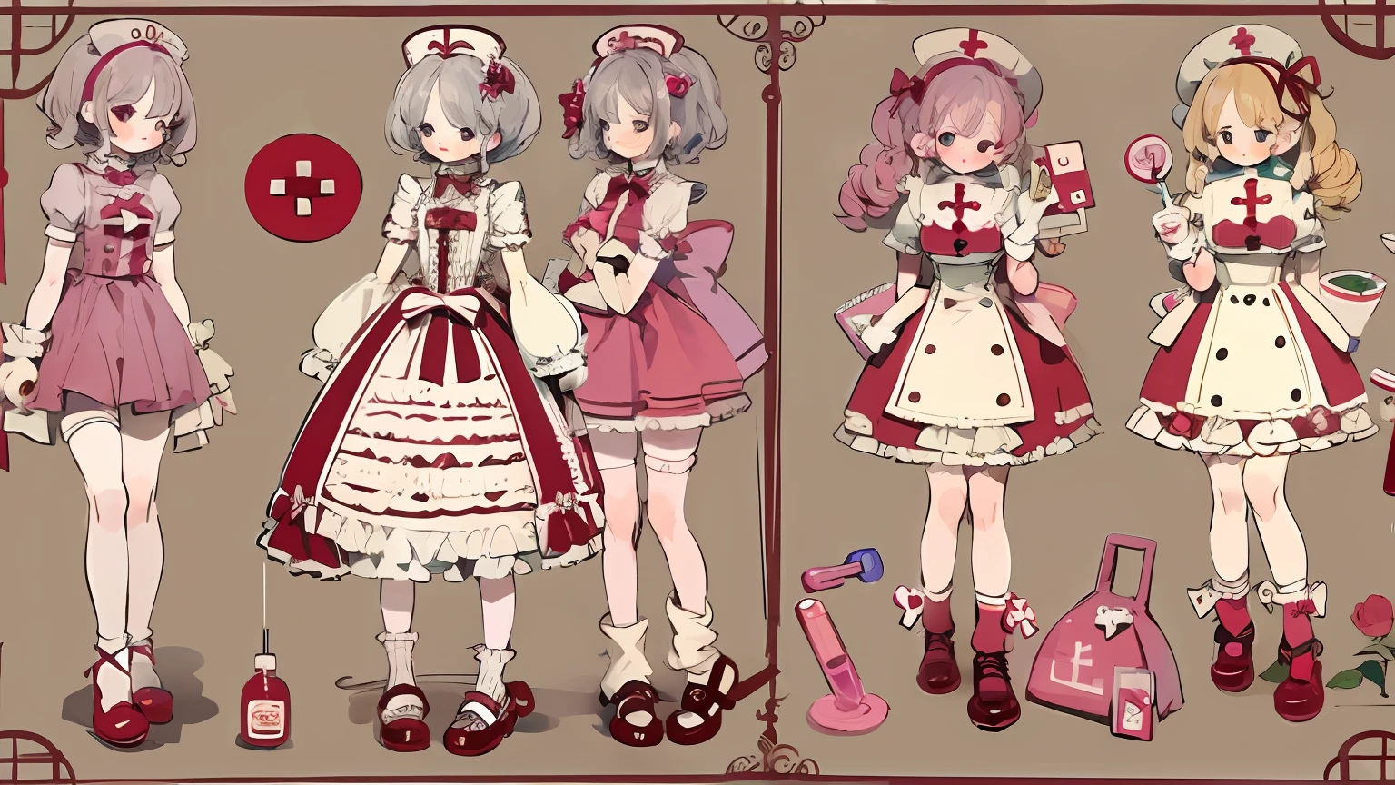 Character design，clothing design，ta prostitute，Gorgeous dress，mitts，curlies，very intricate，Exquisite，shift dresses，Bow knot，frilld，ribbon，bandagens，Nurse style，Huge syringe，pill，Red Cross，Y2K，E-girls，Unilateral eye patch，Love decoration，subculture，Sick，bloods
