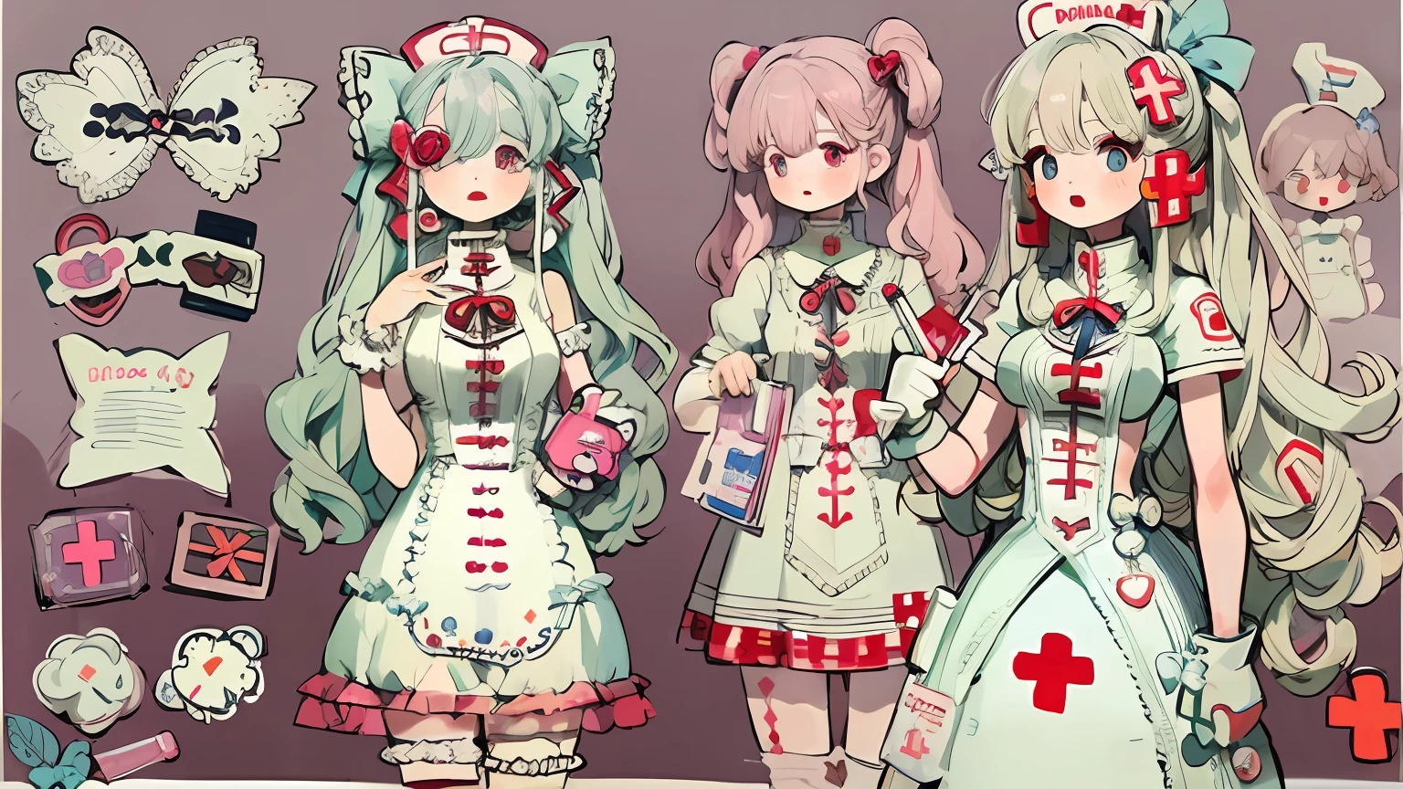Character design，clothing design，Lolita prostitute，Gorgeous dress，mitts，curlies，very intricate，Exquisite，shift dresses，Bow knot，frilld，ribbon，bandagens，Nurse style，Huge syringe，pill，Red Cross，Y2K，E-girls，Unilateral eye patch，Love decoration，subculture，Sick，bloods