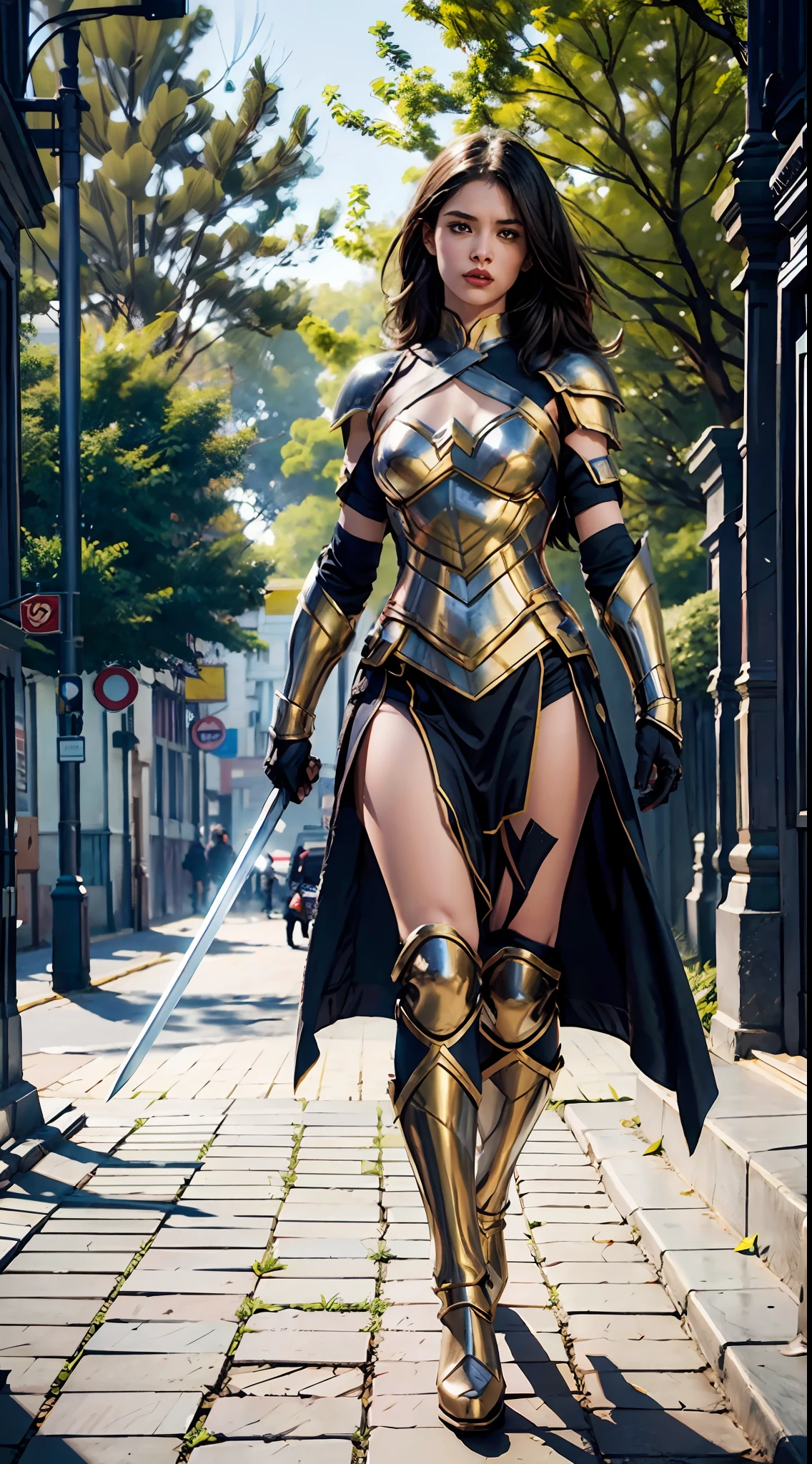 1 Full body single woman，With a sword，Warriors，long whitr hair，Ultra-thin armor，the super hot and sexy，realisticlying，photo shot，professinal，hight contrast，Black Haired Woman，depth of fields，Bokeh（tmasterpiece，best qualtiy，realisticlying：1.3），Sharp，Golden ratio figure，（perfect bodies：1.1），realisticlying，Real Shadow，（Alyssa Monks），Shot by the Canon EOS R6，135mm，1/1250s，f / 2.8，ISO 400