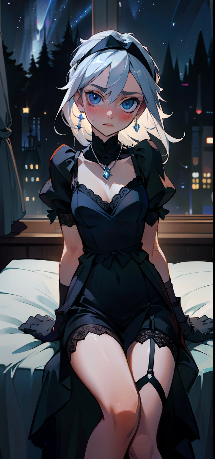 (masterpiece:1.3), (best quality:1.3), Girls, Silver hair, blue eyes, Transparent black lingerie homedress, jewelry necklace, jewelry earrings, jewelry dress, garter belt, garter straps, blush, 🤨, headband, black stockings, arms beside the body, sitting, on bed, night time, night sky, starry sky, window behind back, black elbow gloves, [(WHITE BACKGROUND:1.5), ::5] HEXAGON