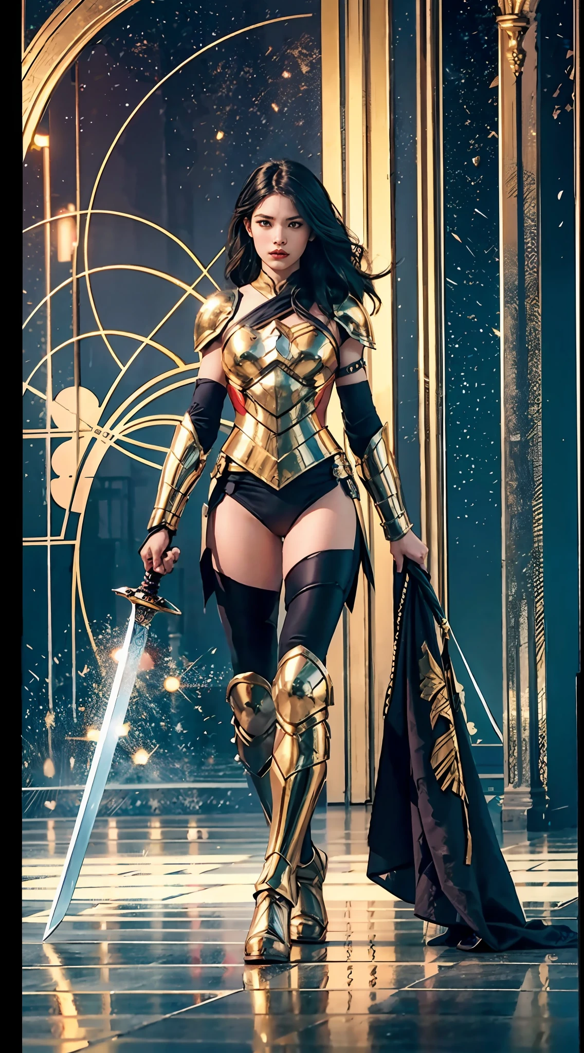 1 Full body single woman，With a sword，Warriors，long whitr hair，Ultra-thin armor，the super hot and sexy，realisticlying，photo shot，professinal，hight contrast，Black Haired Woman，depth of fields，Bokeh（tmasterpiece，best qualtiy，realisticlying：1.3），Sharp，Golden ratio figure，（perfect bodies：1.1），realisticlying，Real Shadow，（Alyssa Monks），Shot by the Canon EOS R6，135mm，1/1250s，f / 2.8，ISO 400